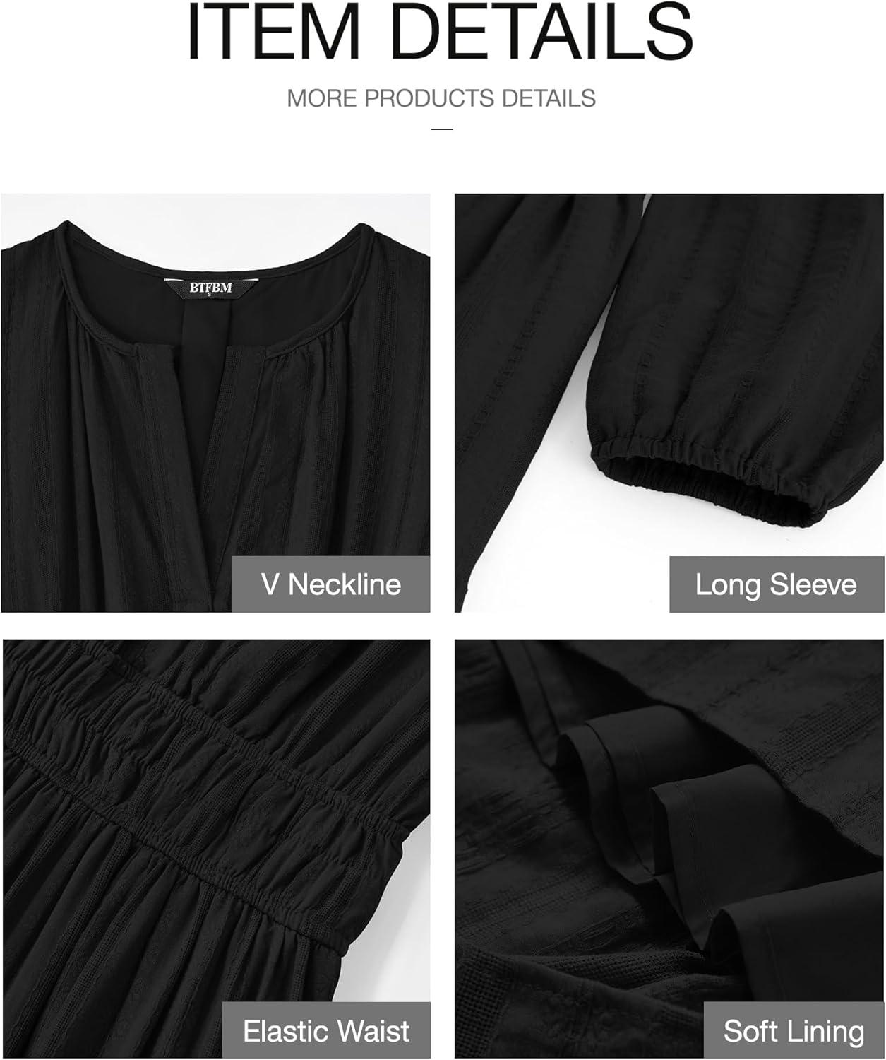 imageBTFBM Spring Dresses for Women 2026 Casual Long Sleeve V Neck Elastic Waist Lightweight Maxi Wedding Guest Dress PocketsBlack