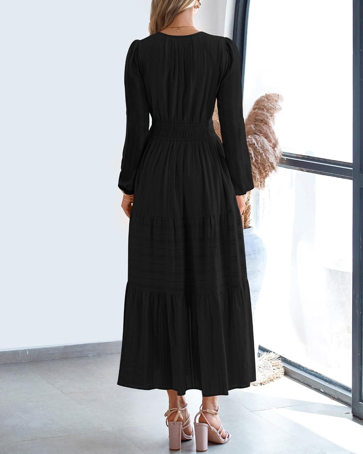 imageBTFBM Spring Dresses for Women 2026 Casual Long Sleeve V Neck Elastic Waist Lightweight Maxi Wedding Guest Dress PocketsBlack
