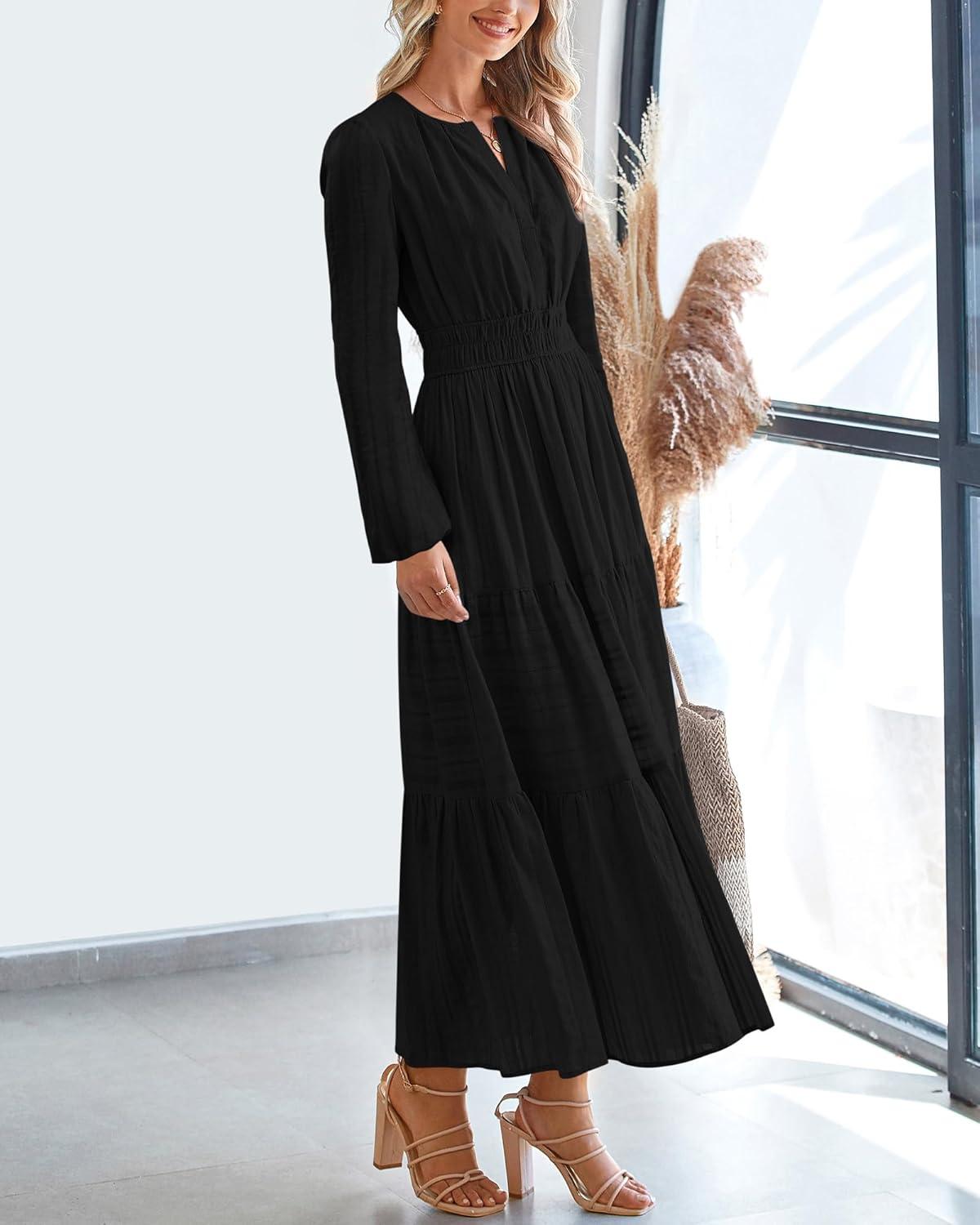 imageBTFBM Spring Dresses for Women 2026 Casual Long Sleeve V Neck Elastic Waist Lightweight Maxi Wedding Guest Dress PocketsBlack