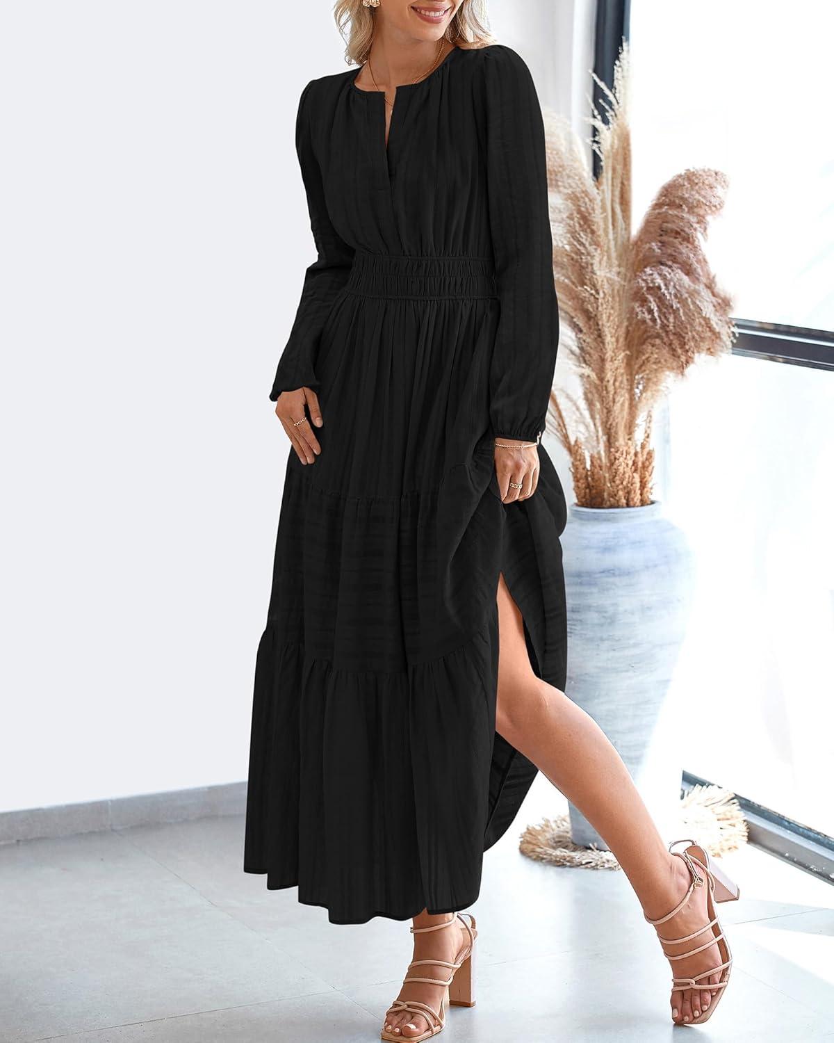 imageBTFBM Spring Dresses for Women 2026 Casual Long Sleeve V Neck Elastic Waist Lightweight Maxi Wedding Guest Dress PocketsBlack