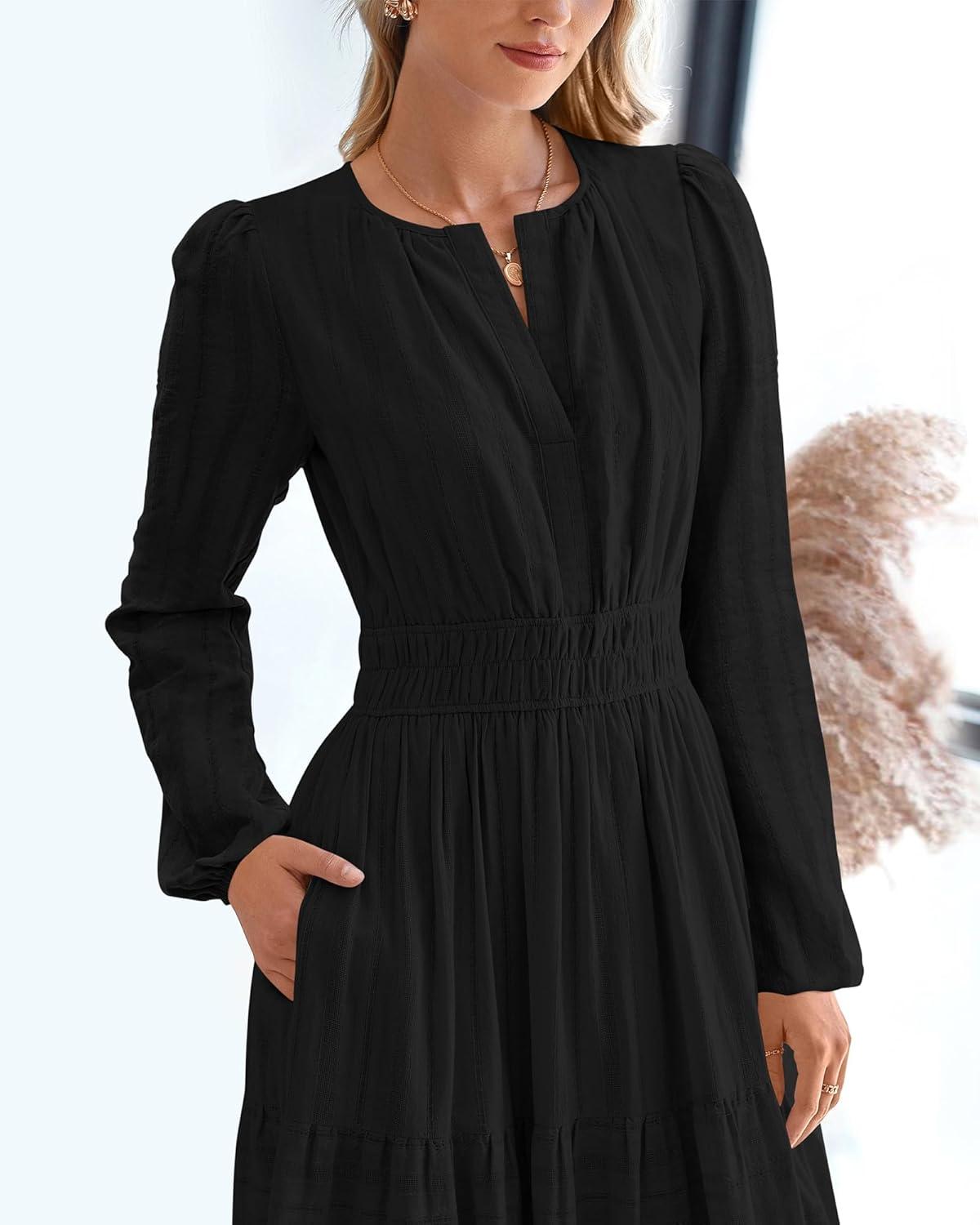 imageBTFBM Spring Dresses for Women 2026 Casual Long Sleeve V Neck Elastic Waist Lightweight Maxi Wedding Guest Dress PocketsBlack