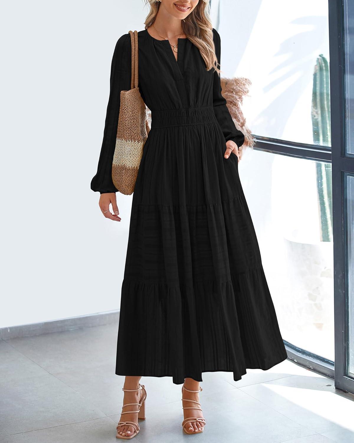 imageBTFBM Spring Dresses for Women 2026 Casual Long Sleeve V Neck Elastic Waist Lightweight Maxi Wedding Guest Dress PocketsBlack