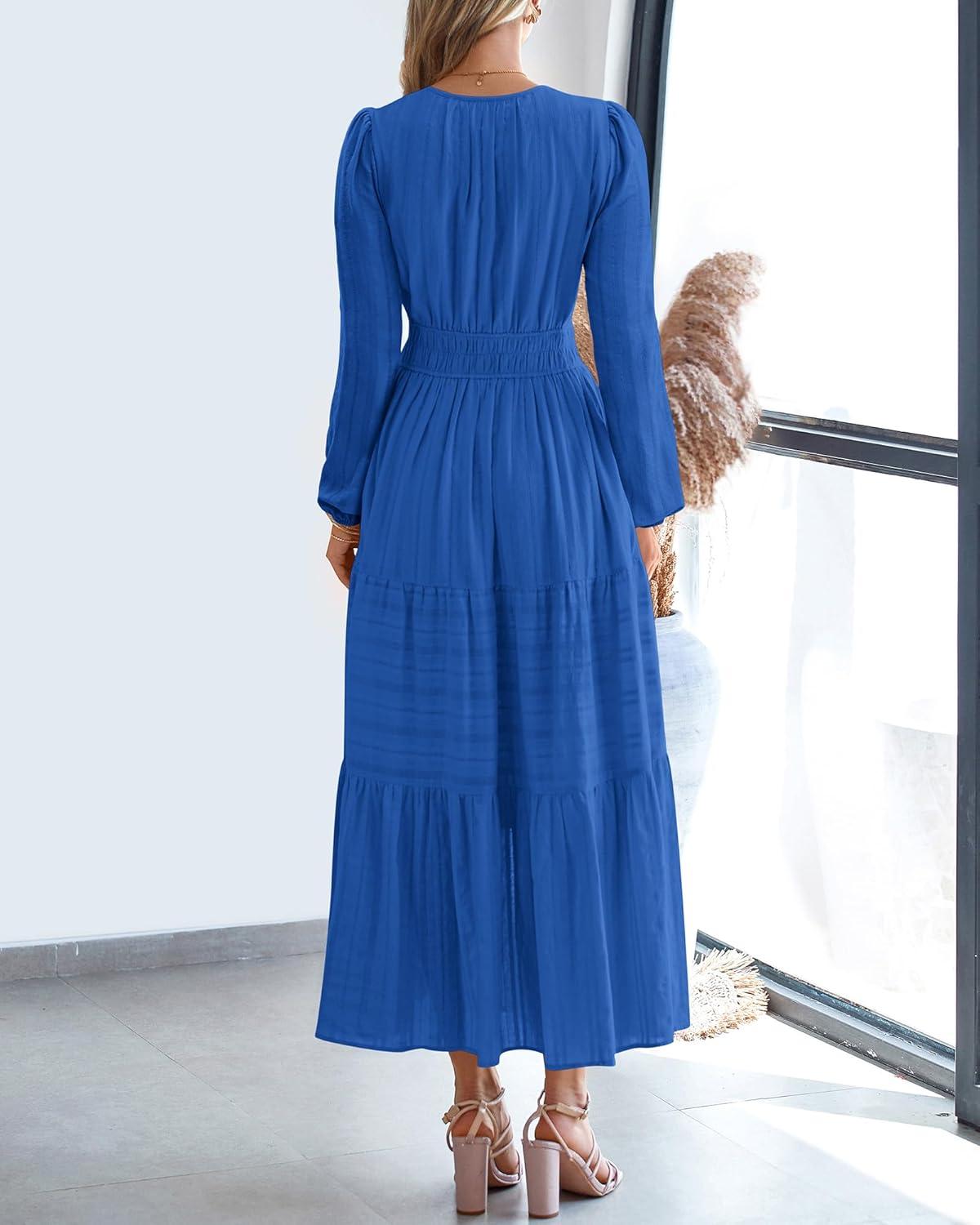 imageBTFBM Spring Dresses for Women 2026 Casual Long Sleeve V Neck Elastic Waist Lightweight Maxi Wedding Guest Dress PocketsBlue