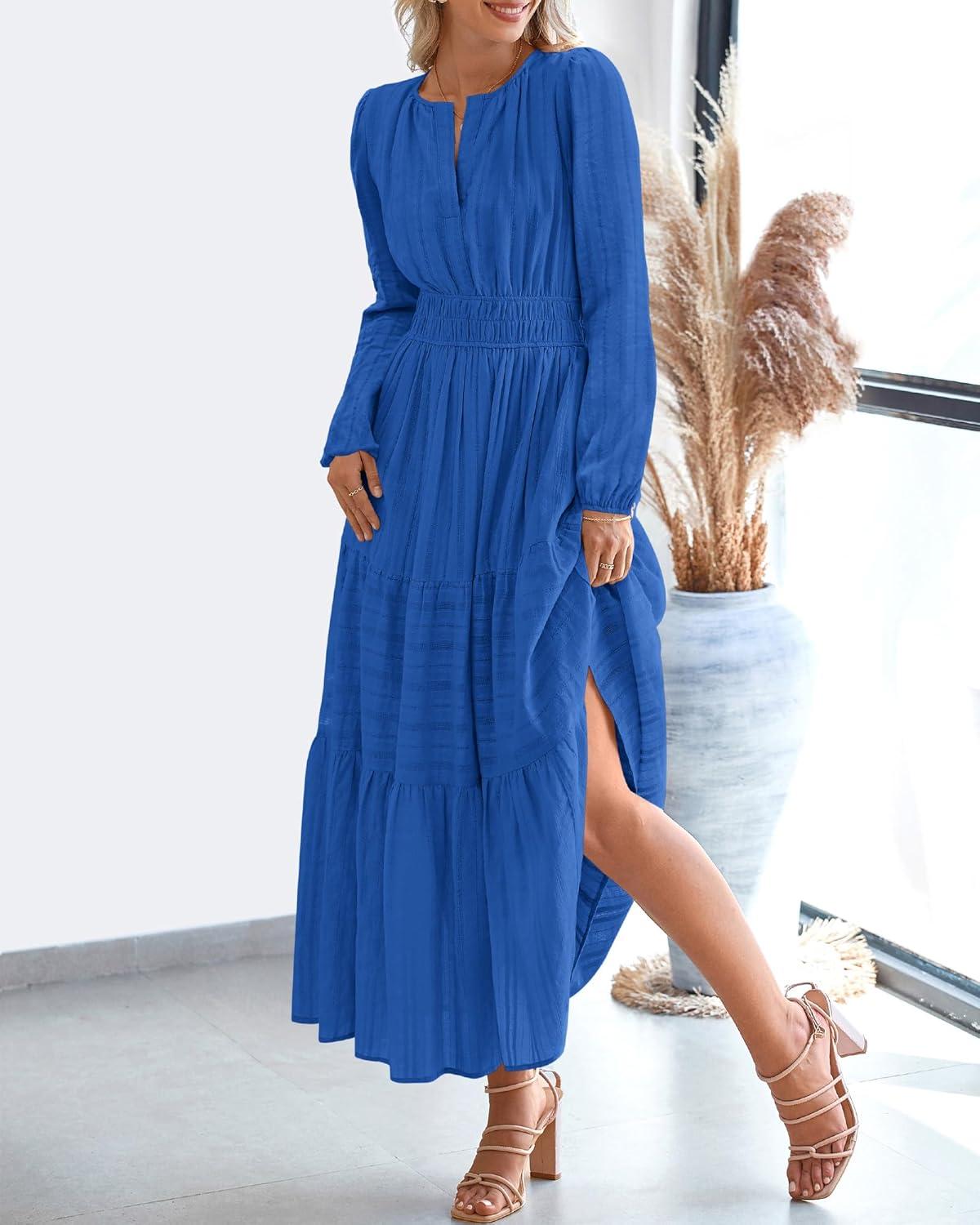 imageBTFBM Spring Dresses for Women 2026 Casual Long Sleeve V Neck Elastic Waist Lightweight Maxi Wedding Guest Dress PocketsBlue