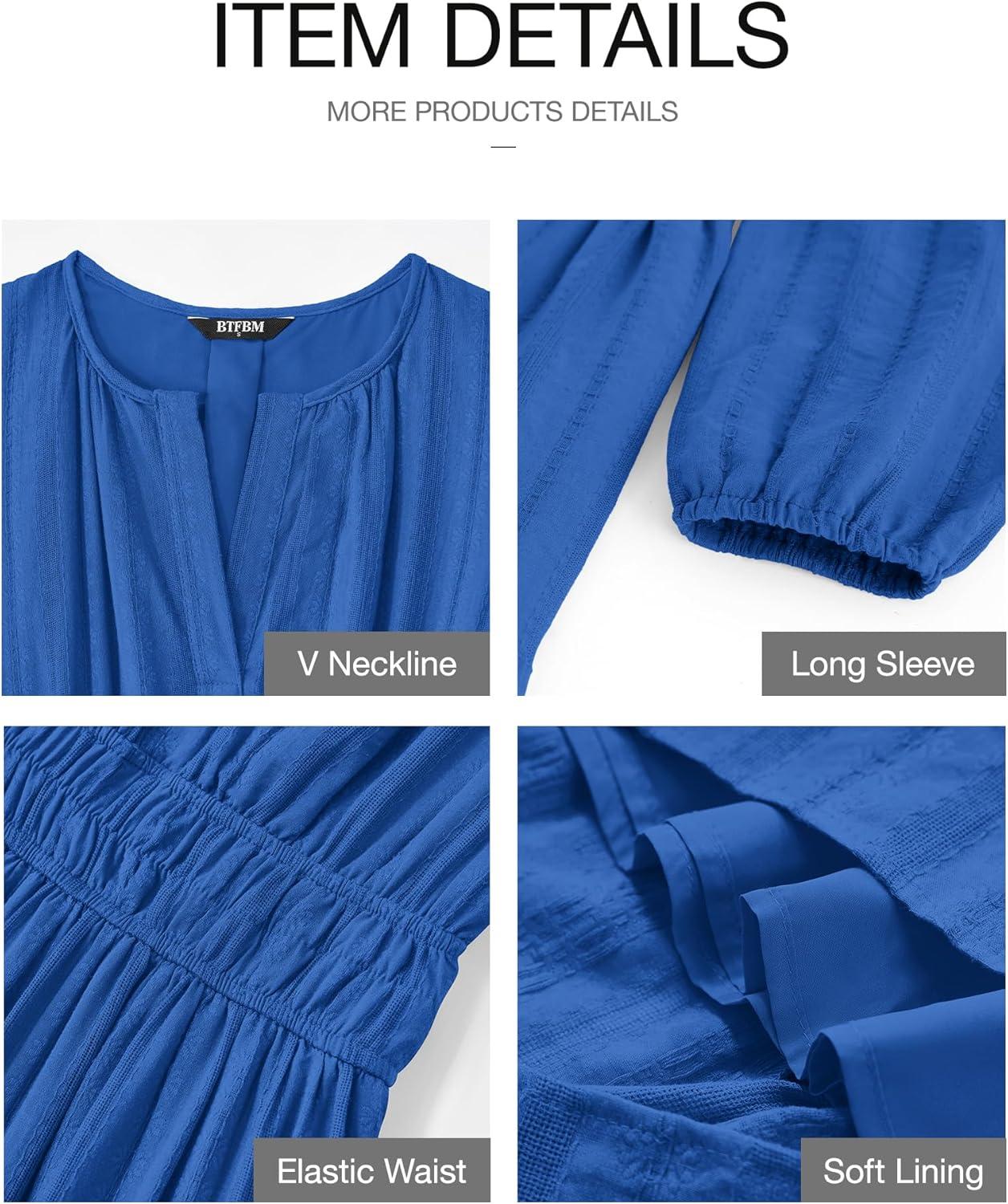 imageBTFBM Spring Dresses for Women 2026 Casual Long Sleeve V Neck Elastic Waist Lightweight Maxi Wedding Guest Dress PocketsBlue