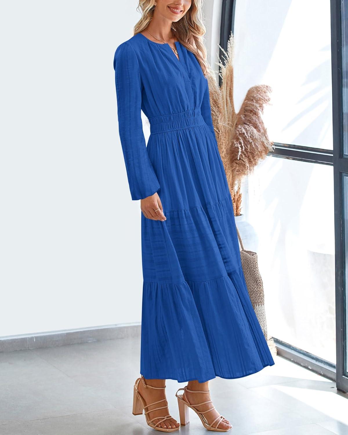 imageBTFBM Spring Dresses for Women 2026 Casual Long Sleeve V Neck Elastic Waist Lightweight Maxi Wedding Guest Dress PocketsBlue