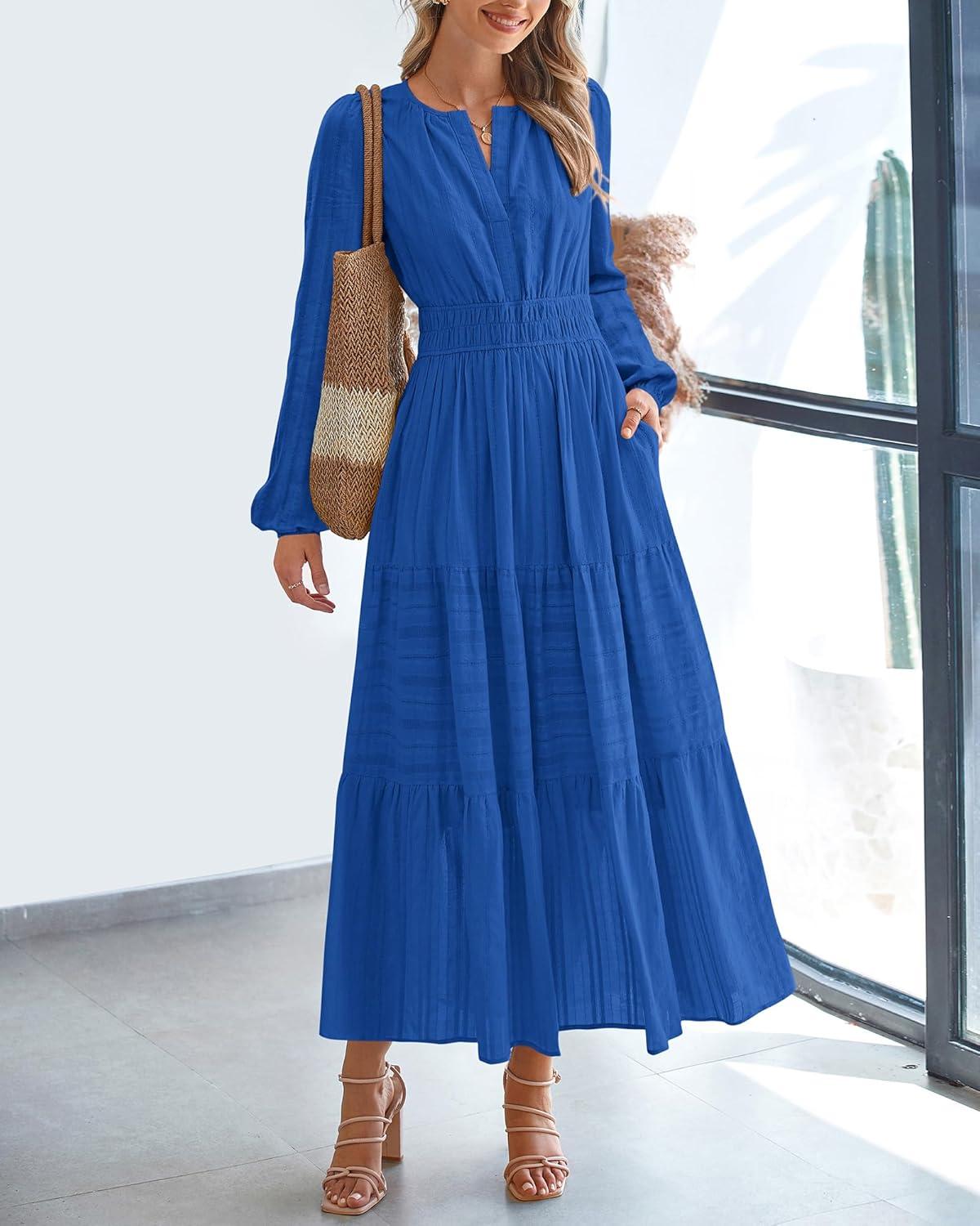 imageBTFBM Spring Dresses for Women 2026 Casual Long Sleeve V Neck Elastic Waist Lightweight Maxi Wedding Guest Dress PocketsBlue