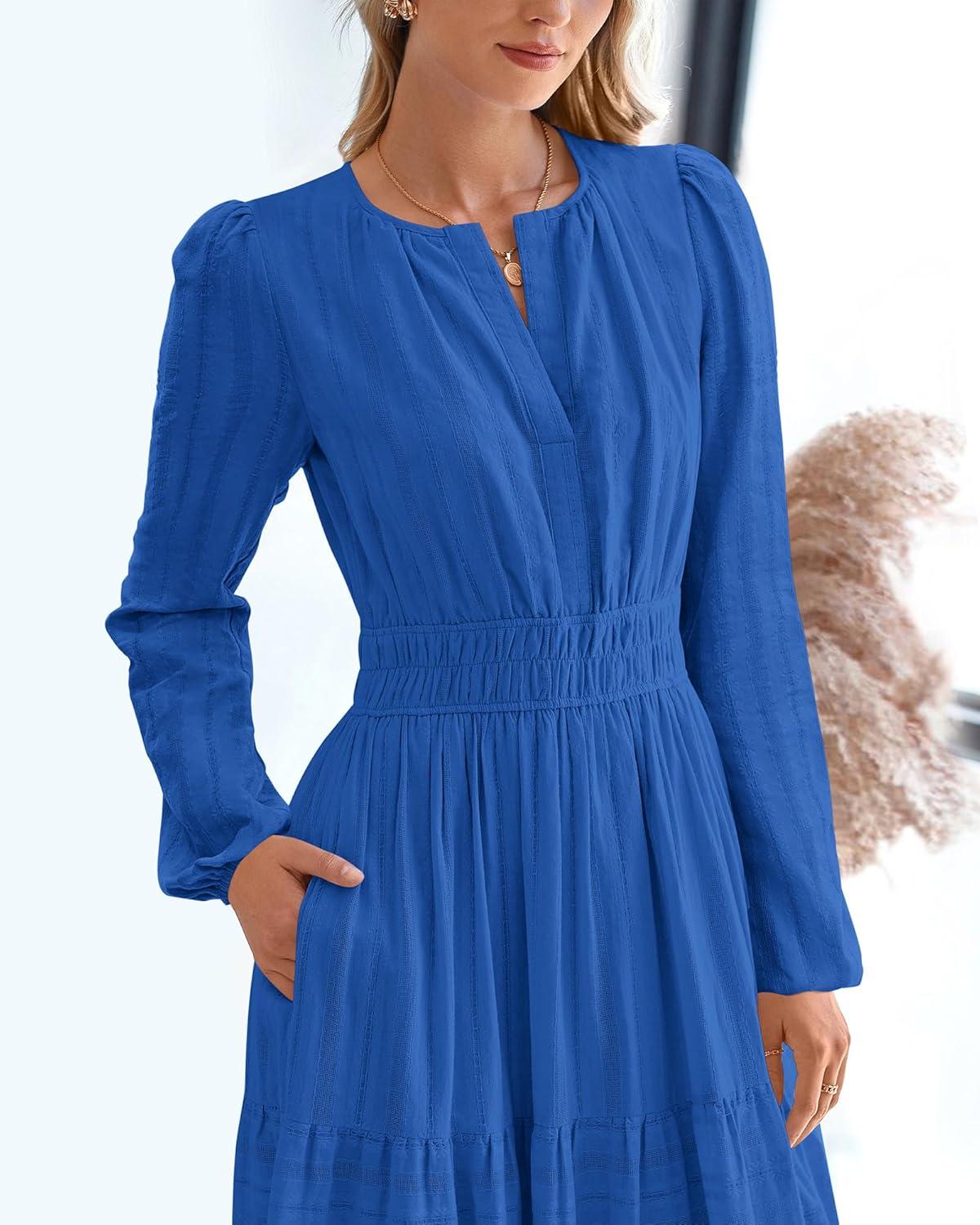 imageBTFBM Spring Dresses for Women 2026 Casual Long Sleeve V Neck Elastic Waist Lightweight Maxi Wedding Guest Dress PocketsBlue