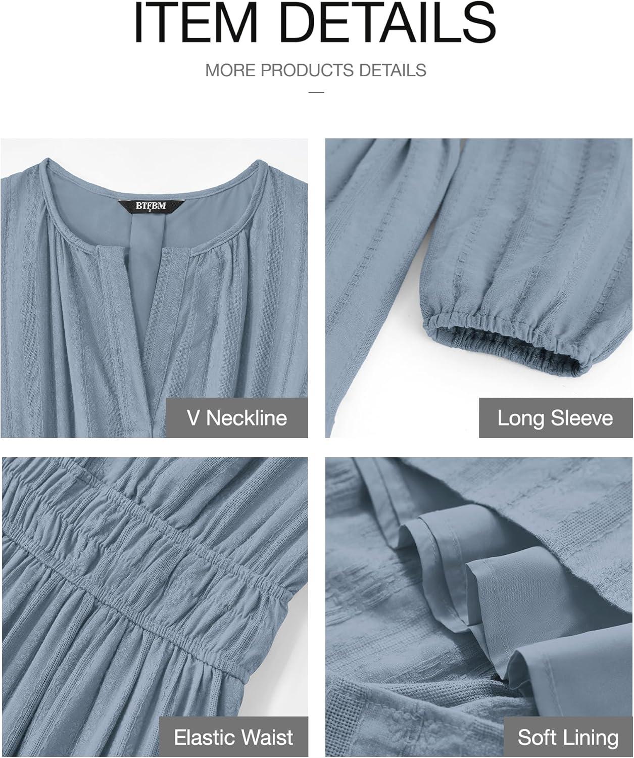 imageBTFBM Spring Dresses for Women 2026 Casual Long Sleeve V Neck Elastic Waist Lightweight Maxi Wedding Guest Dress PocketsBlue Grey