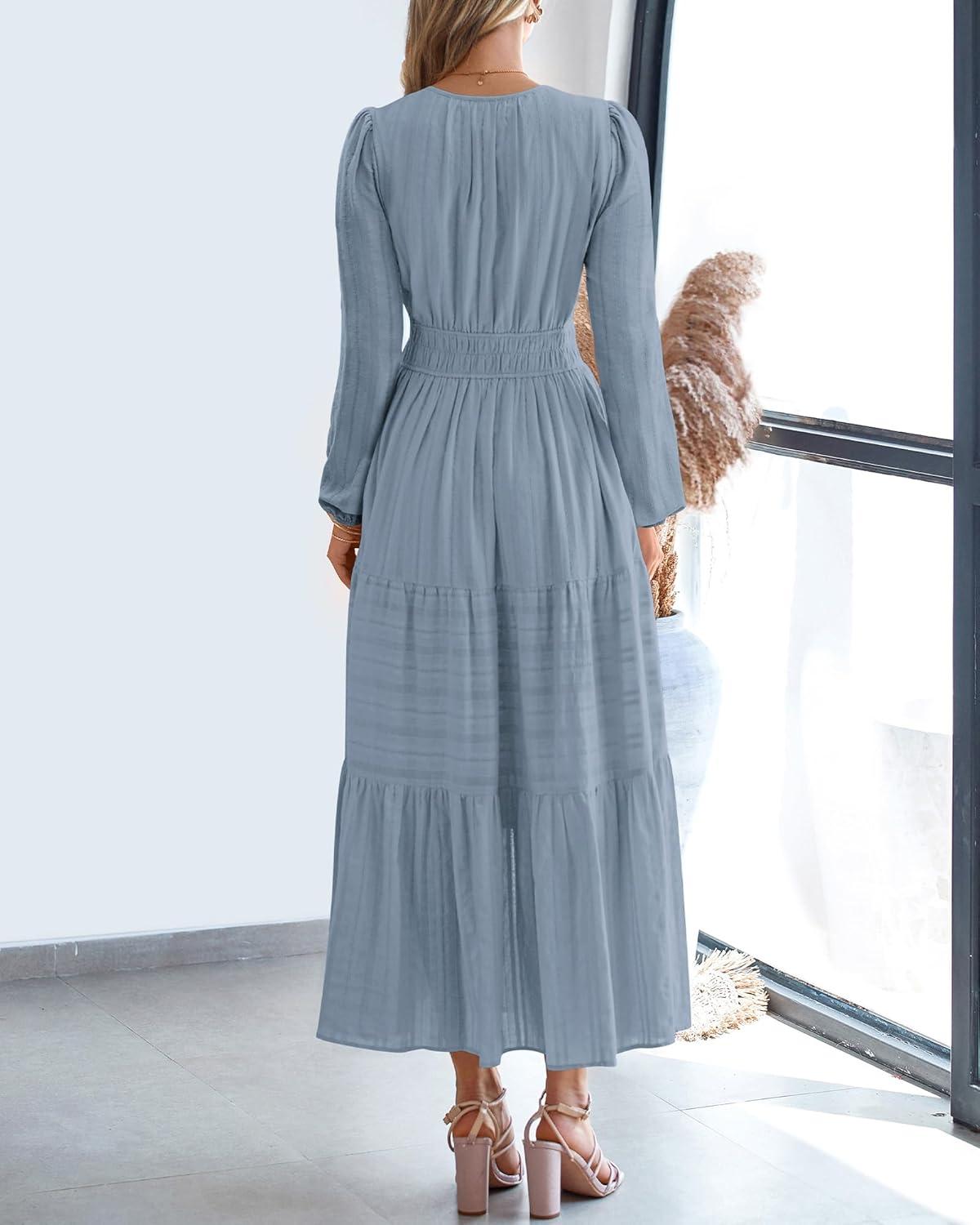 imageBTFBM Spring Dresses for Women 2026 Casual Long Sleeve V Neck Elastic Waist Lightweight Maxi Wedding Guest Dress PocketsBlue Grey