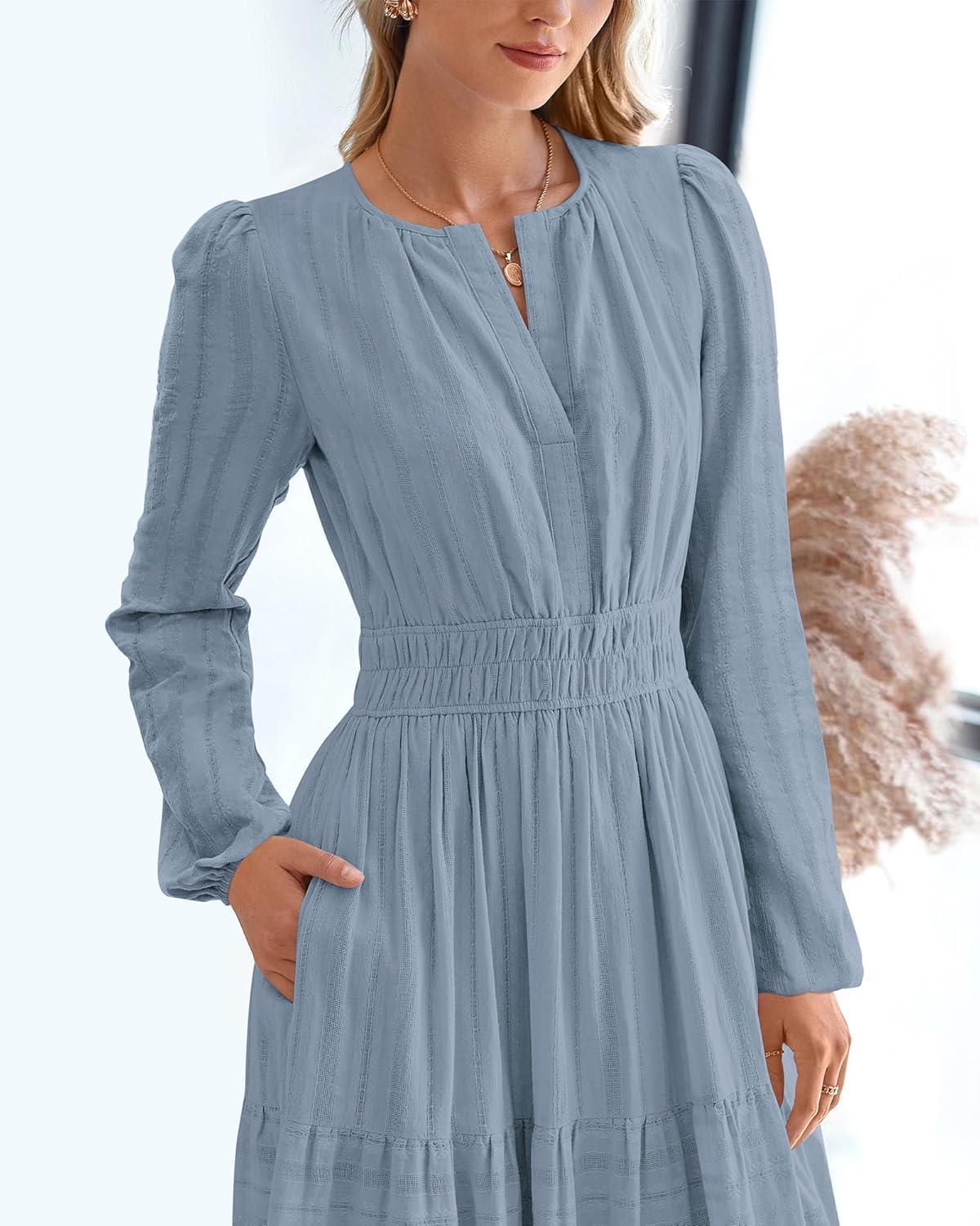imageBTFBM Spring Dresses for Women 2026 Casual Long Sleeve V Neck Elastic Waist Lightweight Maxi Wedding Guest Dress PocketsBlue Grey