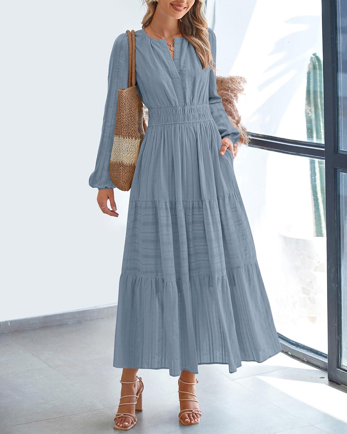 imageBTFBM Spring Dresses for Women 2026 Casual Long Sleeve V Neck Elastic Waist Lightweight Maxi Wedding Guest Dress PocketsBlue Grey