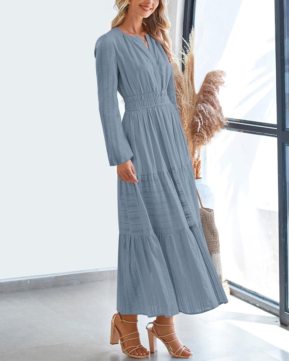 imageBTFBM Spring Dresses for Women 2026 Casual Long Sleeve V Neck Elastic Waist Lightweight Maxi Wedding Guest Dress PocketsBlue Grey
