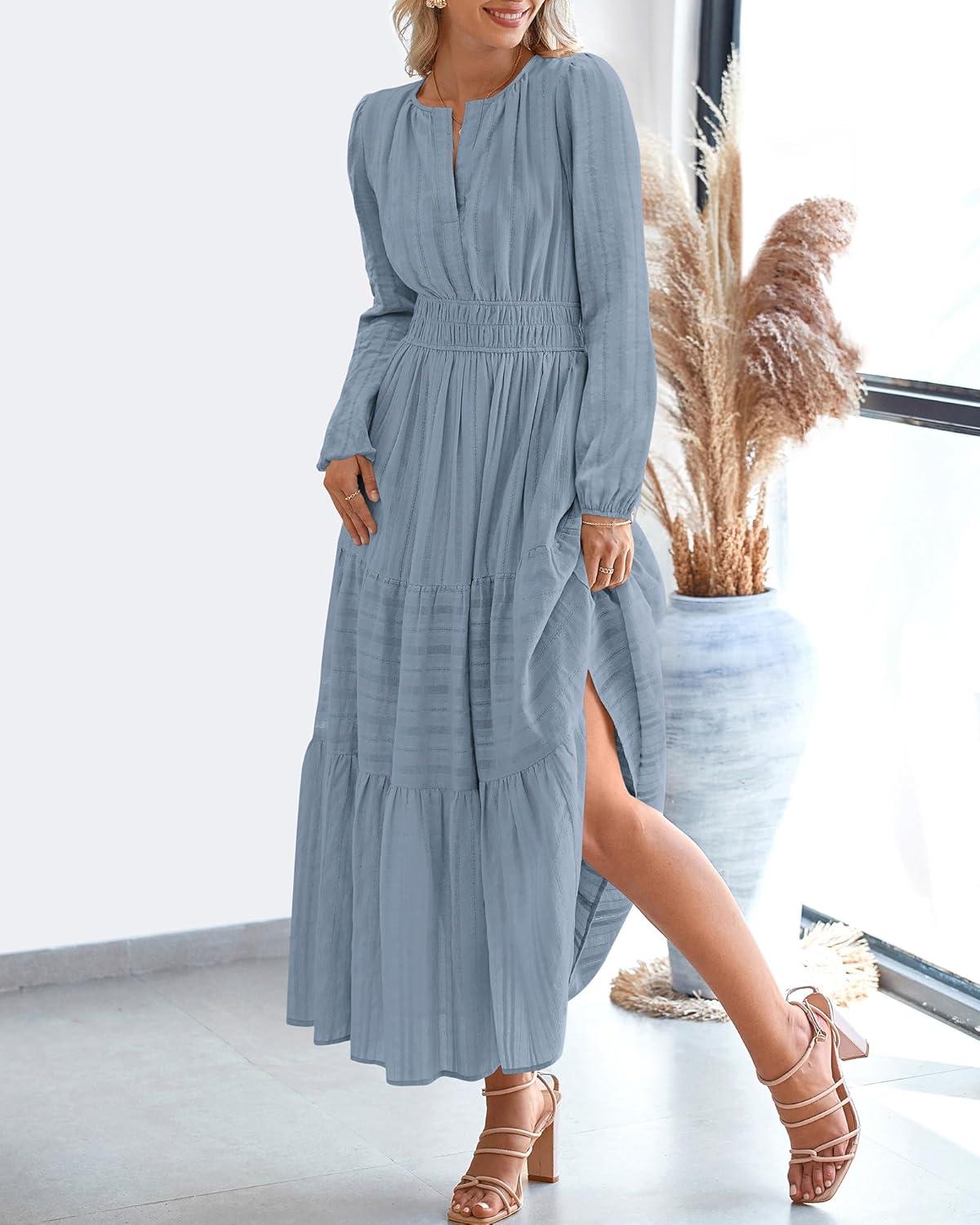 imageBTFBM Spring Dresses for Women 2026 Casual Long Sleeve V Neck Elastic Waist Lightweight Maxi Wedding Guest Dress PocketsBlue Grey