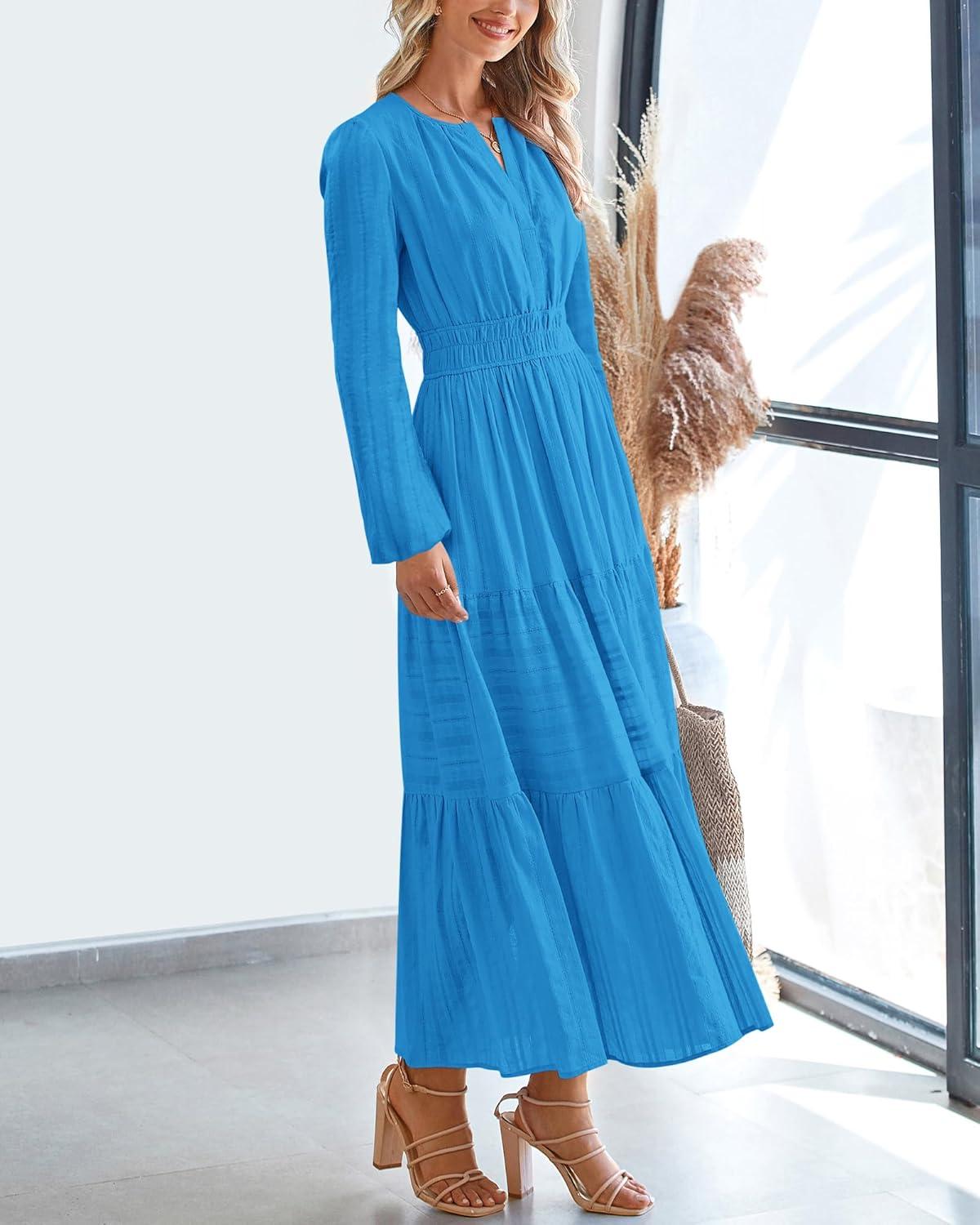 imageBTFBM Spring Dresses for Women 2026 Casual Long Sleeve V Neck Elastic Waist Lightweight Maxi Wedding Guest Dress PocketsBrilliant Blue
