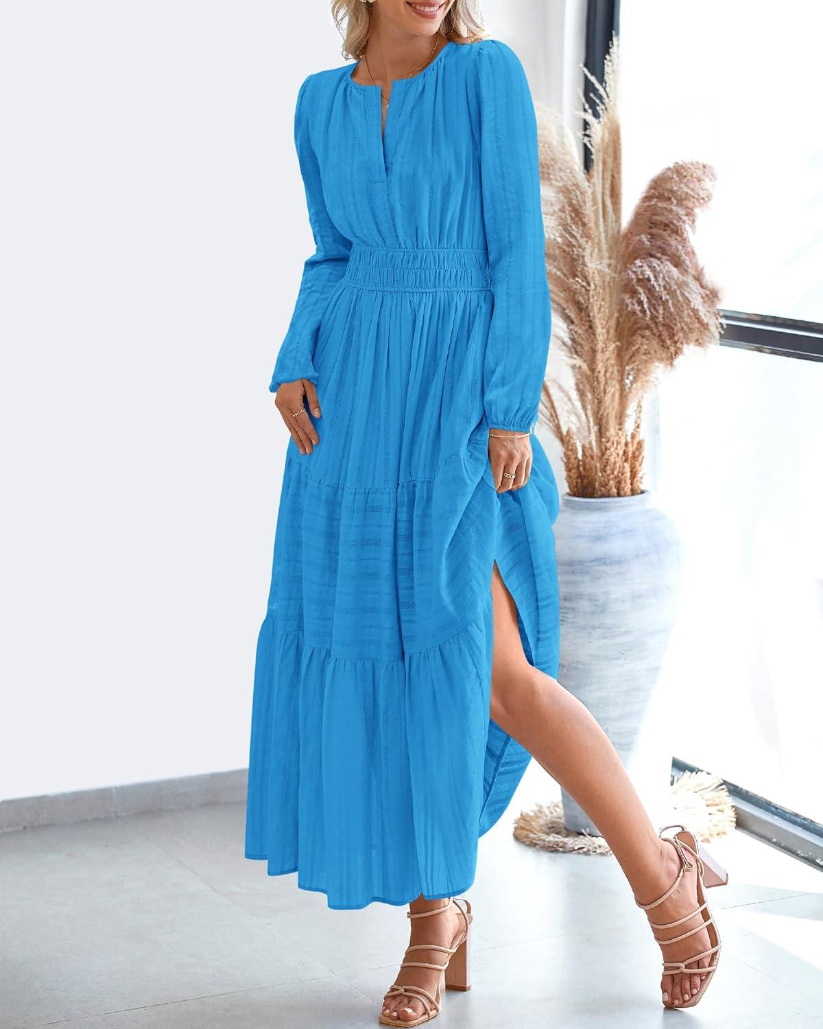 imageBTFBM Spring Dresses for Women 2026 Casual Long Sleeve V Neck Elastic Waist Lightweight Maxi Wedding Guest Dress PocketsBrilliant Blue