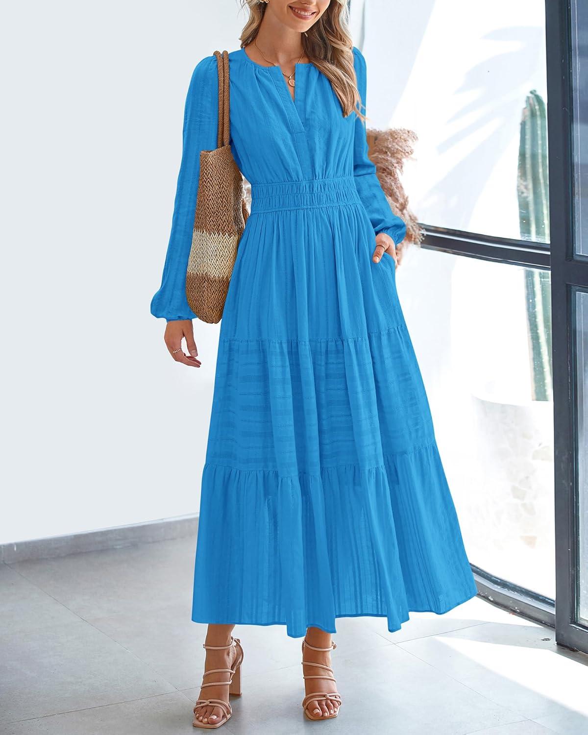 imageBTFBM Spring Dresses for Women 2026 Casual Long Sleeve V Neck Elastic Waist Lightweight Maxi Wedding Guest Dress PocketsBrilliant Blue