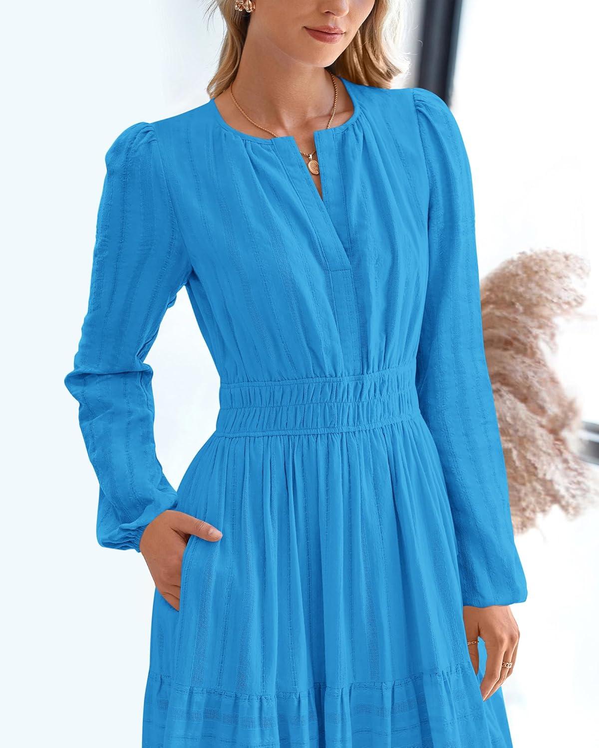 imageBTFBM Spring Dresses for Women 2026 Casual Long Sleeve V Neck Elastic Waist Lightweight Maxi Wedding Guest Dress PocketsBrilliant Blue