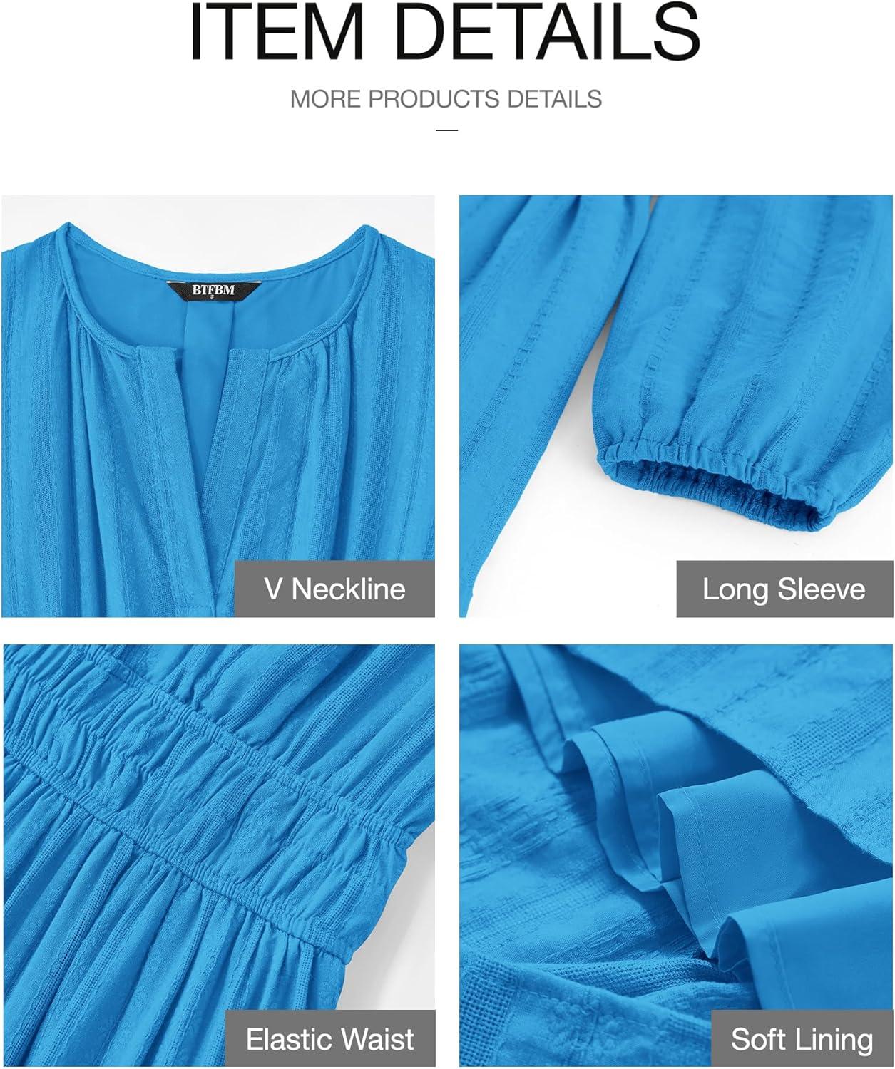 imageBTFBM Spring Dresses for Women 2026 Casual Long Sleeve V Neck Elastic Waist Lightweight Maxi Wedding Guest Dress PocketsBrilliant Blue