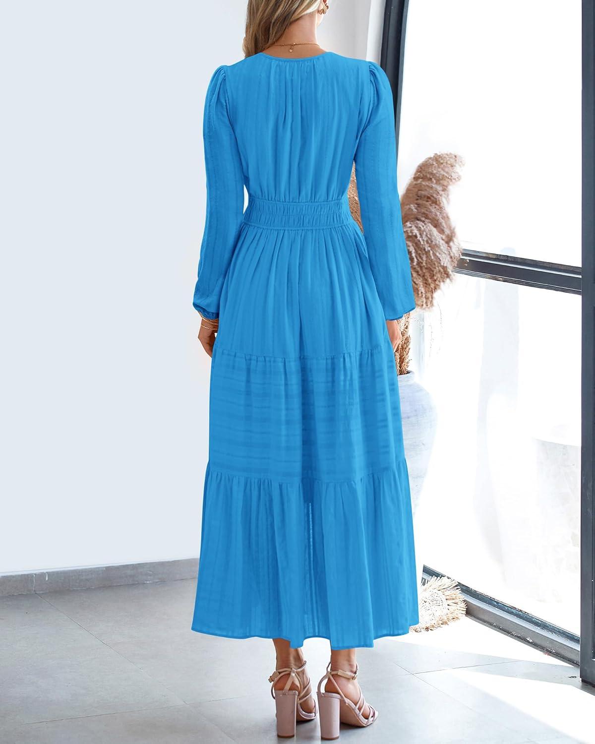 imageBTFBM Spring Dresses for Women 2026 Casual Long Sleeve V Neck Elastic Waist Lightweight Maxi Wedding Guest Dress PocketsBrilliant Blue