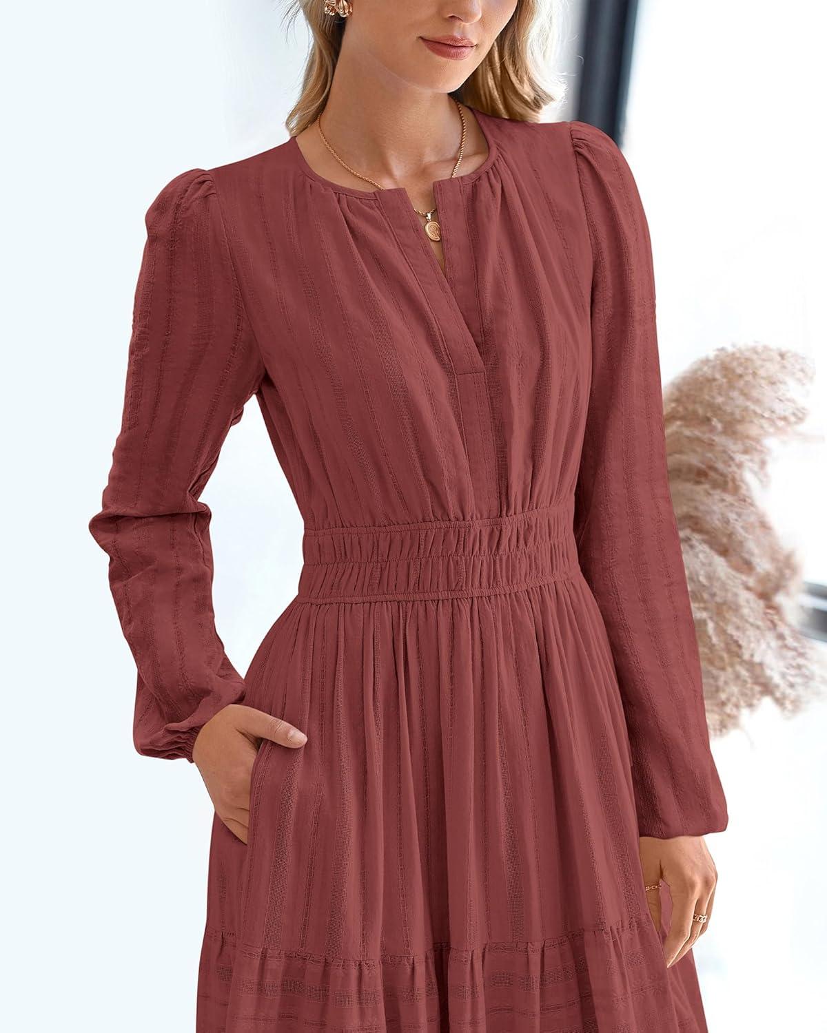 imageBTFBM Spring Dresses for Women 2026 Casual Long Sleeve V Neck Elastic Waist Lightweight Maxi Wedding Guest Dress PocketsBrown Red