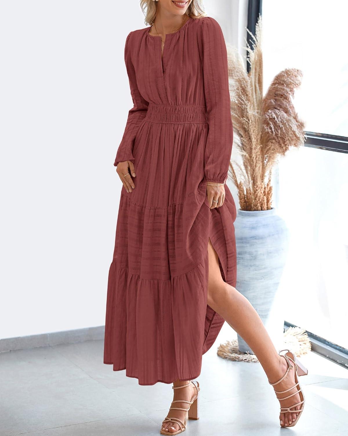 imageBTFBM Spring Dresses for Women 2026 Casual Long Sleeve V Neck Elastic Waist Lightweight Maxi Wedding Guest Dress PocketsBrown Red