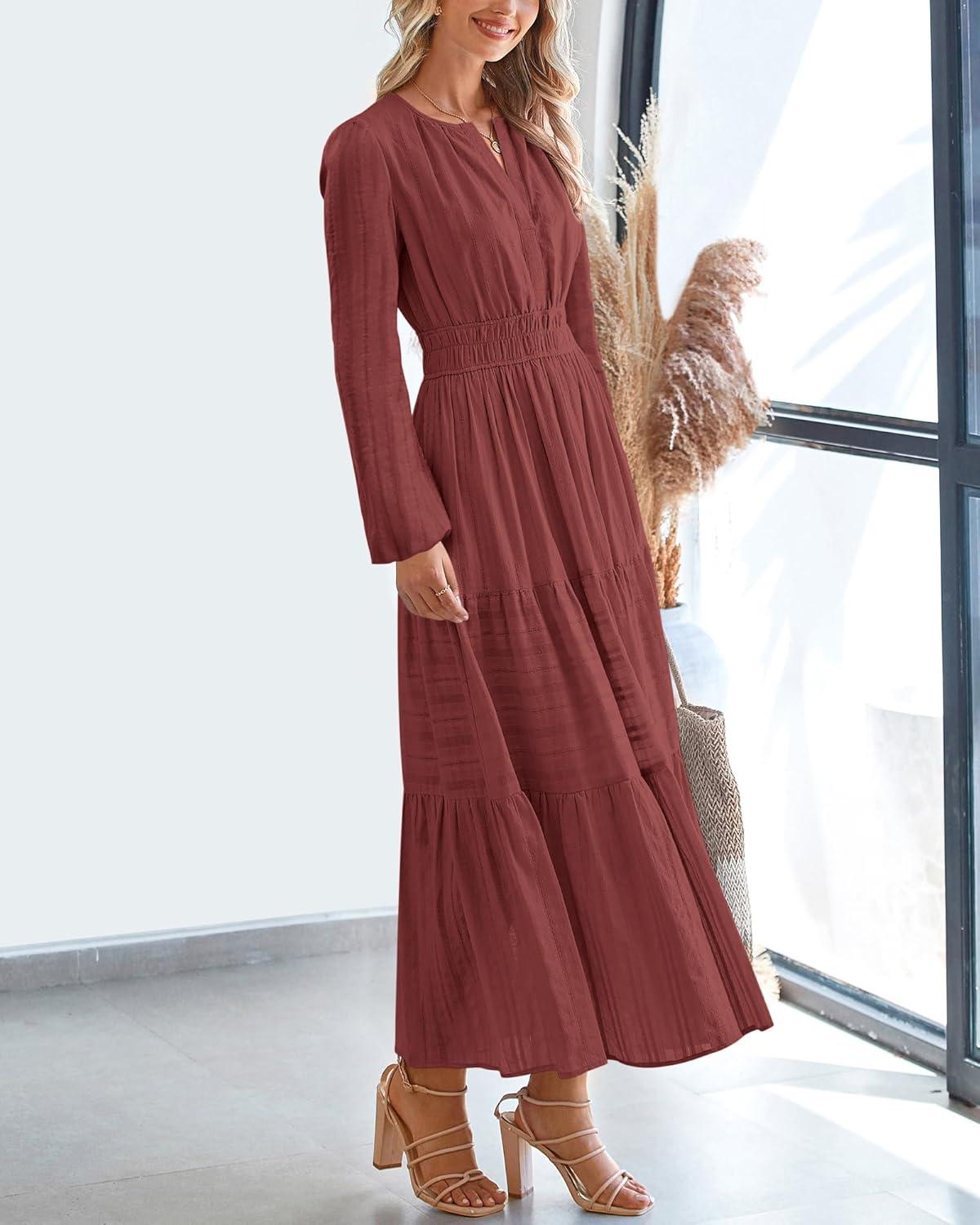 imageBTFBM Spring Dresses for Women 2026 Casual Long Sleeve V Neck Elastic Waist Lightweight Maxi Wedding Guest Dress PocketsBrown Red