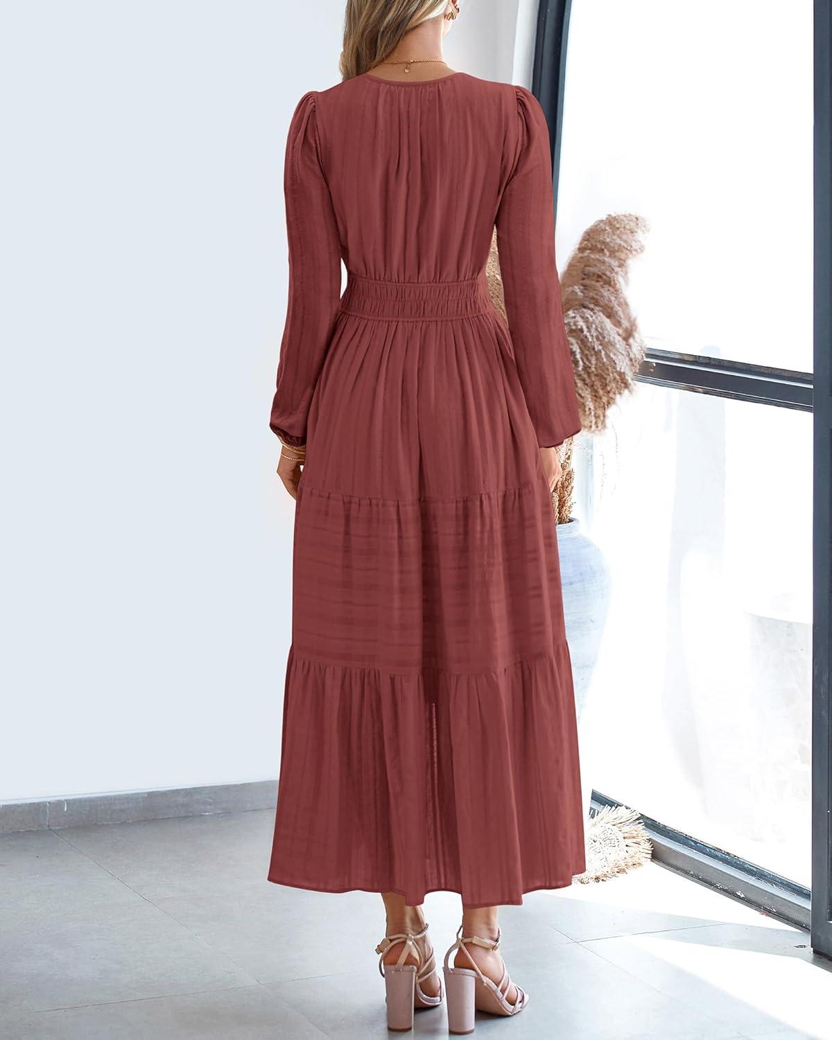 imageBTFBM Spring Dresses for Women 2026 Casual Long Sleeve V Neck Elastic Waist Lightweight Maxi Wedding Guest Dress PocketsBrown Red