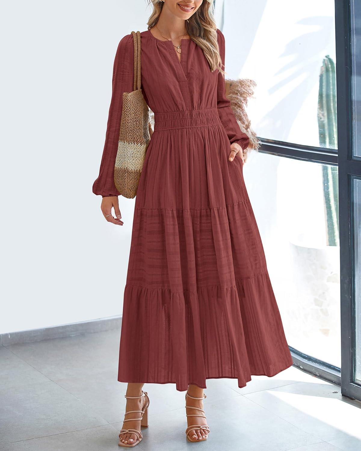imageBTFBM Spring Dresses for Women 2026 Casual Long Sleeve V Neck Elastic Waist Lightweight Maxi Wedding Guest Dress PocketsBrown Red