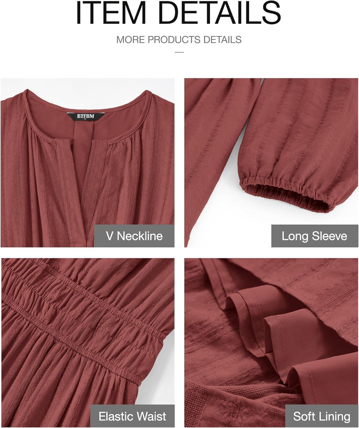 imageBTFBM Spring Dresses for Women 2026 Casual Long Sleeve V Neck Elastic Waist Lightweight Maxi Wedding Guest Dress PocketsBrown Red