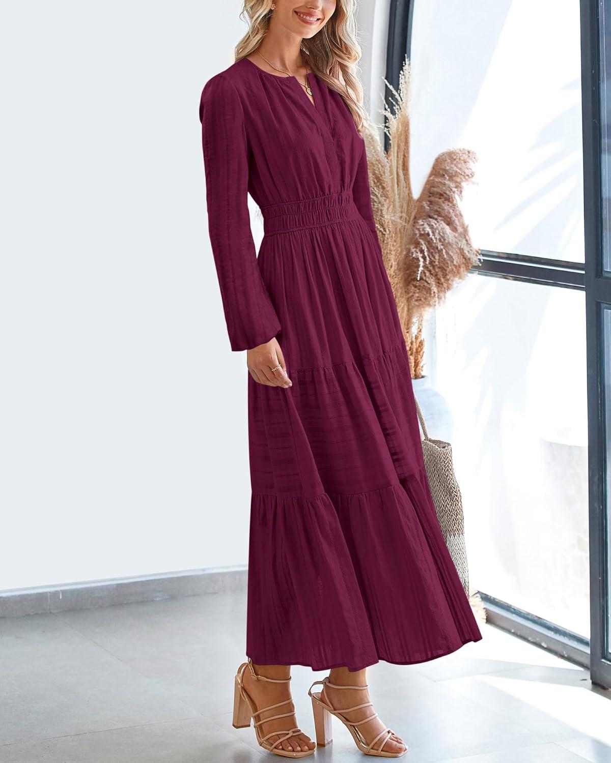 imageBTFBM Spring Dresses for Women 2026 Casual Long Sleeve V Neck Elastic Waist Lightweight Maxi Wedding Guest Dress PocketsBurgundy