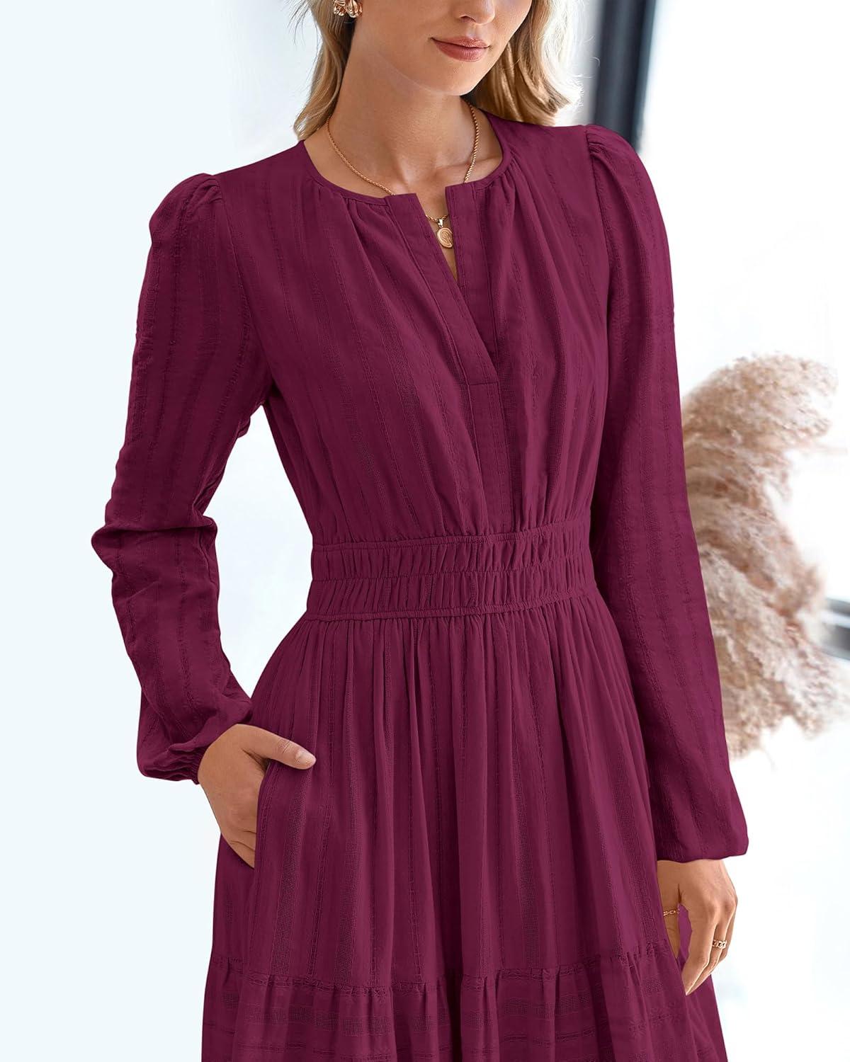 imageBTFBM Spring Dresses for Women 2026 Casual Long Sleeve V Neck Elastic Waist Lightweight Maxi Wedding Guest Dress PocketsBurgundy