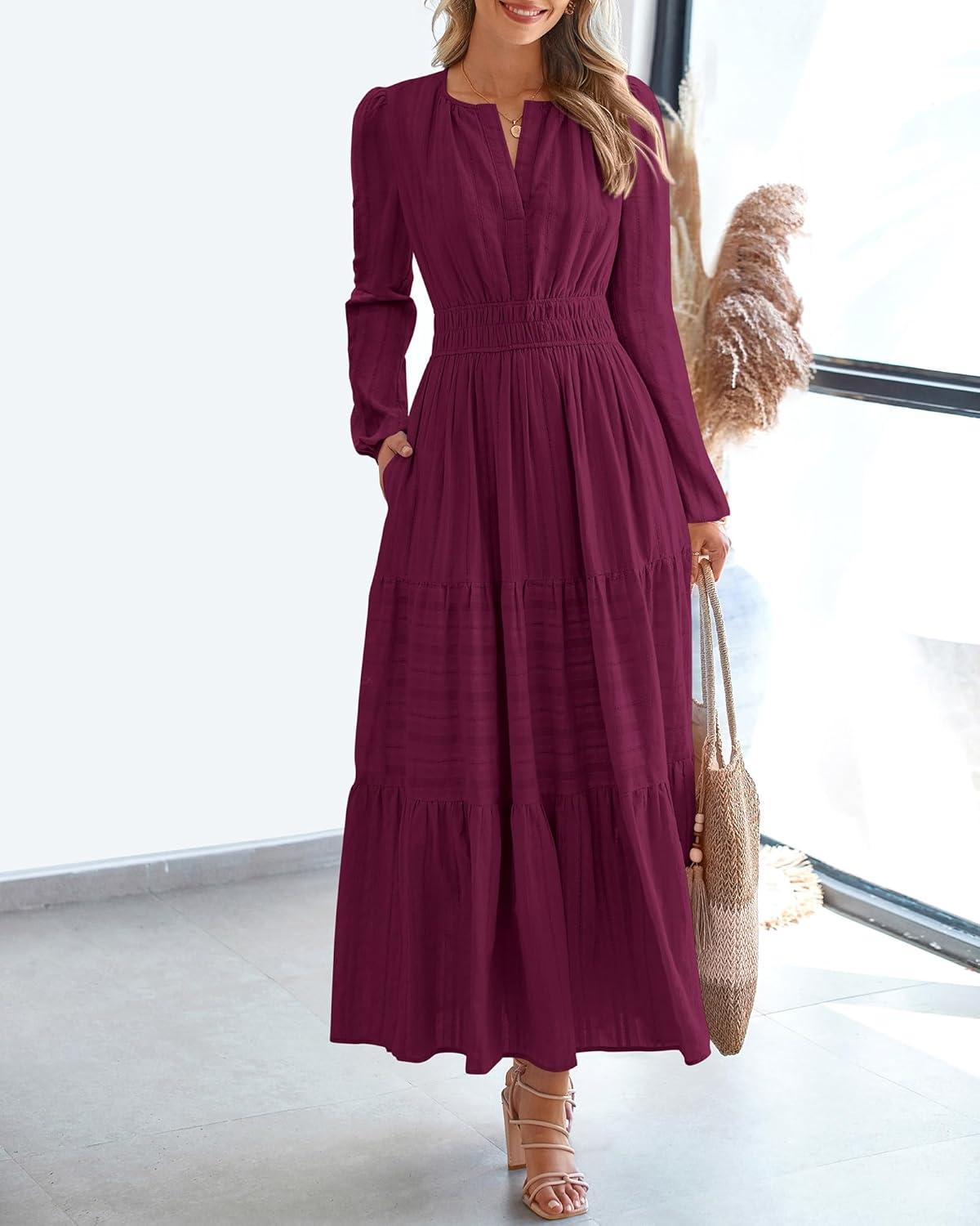 imageBTFBM Spring Dresses for Women 2026 Casual Long Sleeve V Neck Elastic Waist Lightweight Maxi Wedding Guest Dress PocketsBurgundy