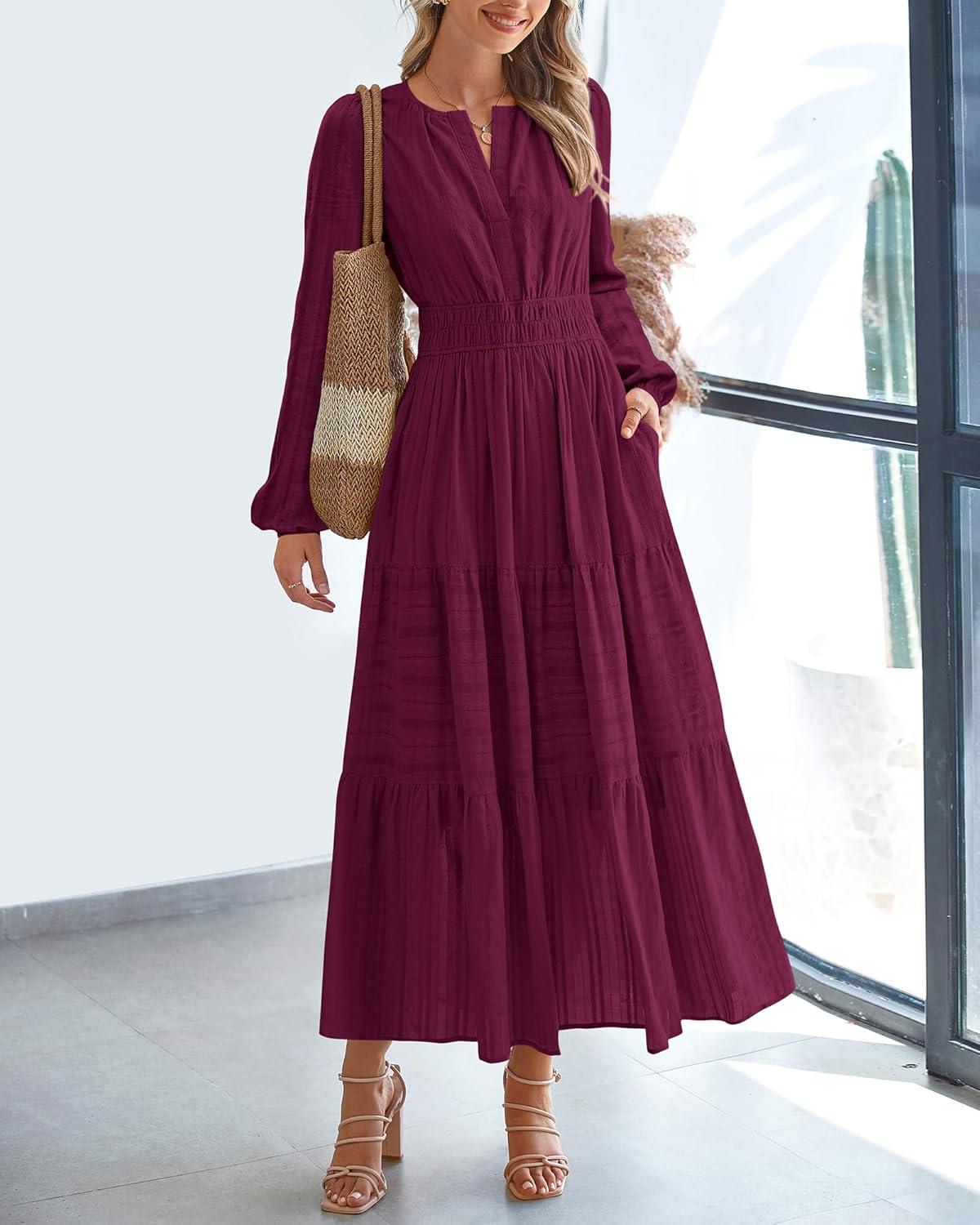 imageBTFBM Spring Dresses for Women 2026 Casual Long Sleeve V Neck Elastic Waist Lightweight Maxi Wedding Guest Dress PocketsBurgundy