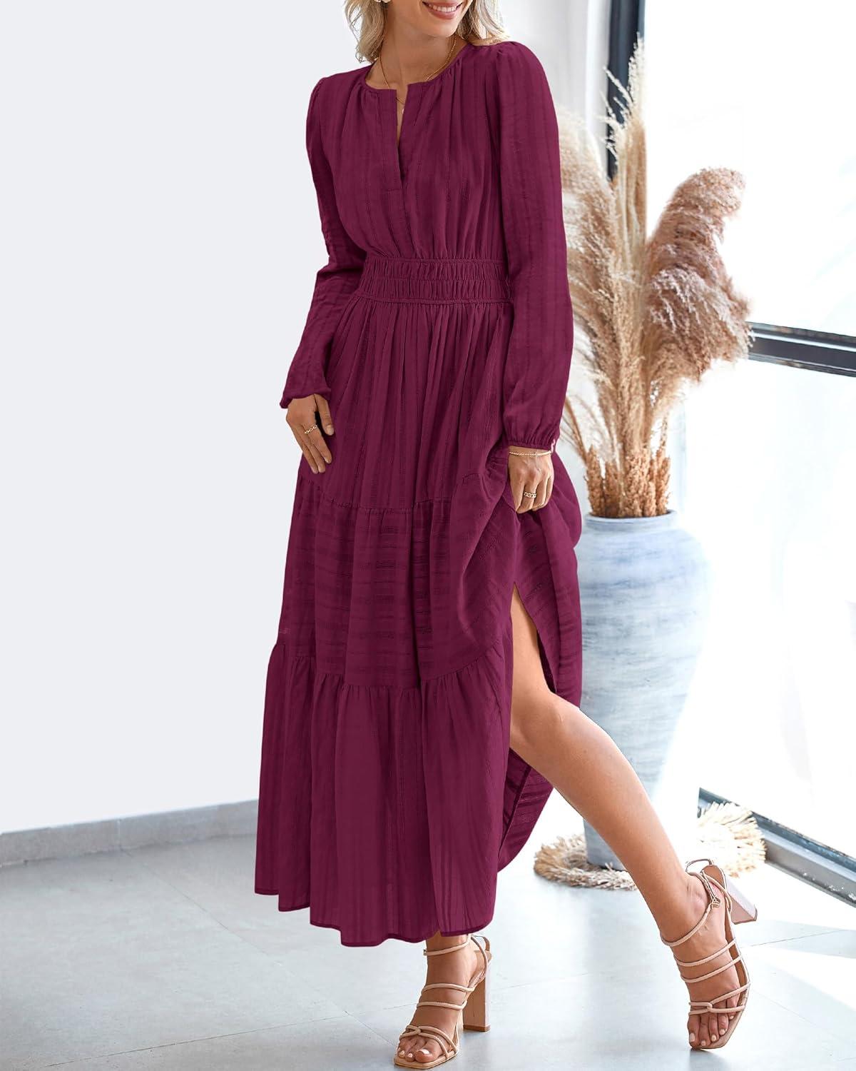 imageBTFBM Spring Dresses for Women 2026 Casual Long Sleeve V Neck Elastic Waist Lightweight Maxi Wedding Guest Dress PocketsBurgundy