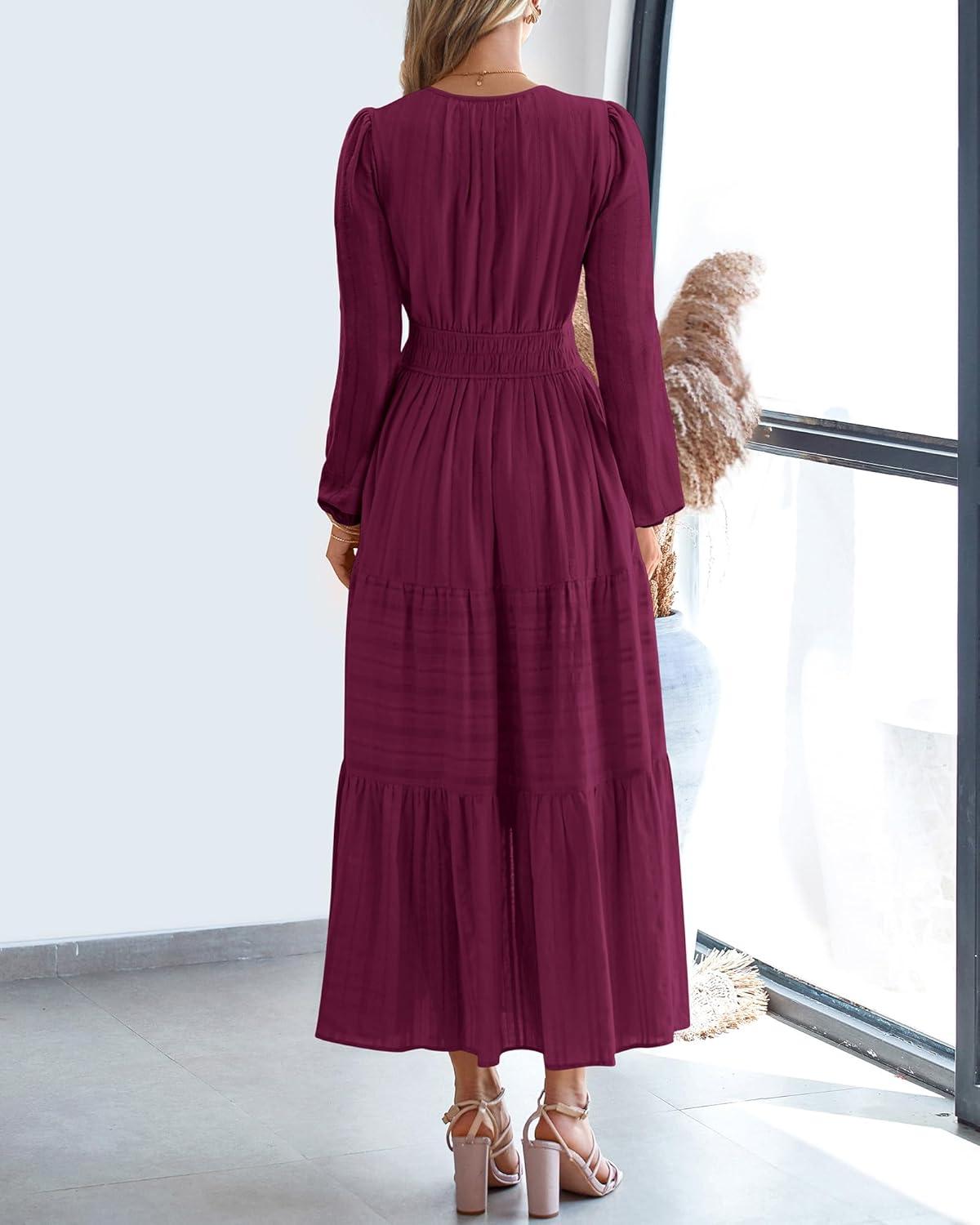 imageBTFBM Spring Dresses for Women 2026 Casual Long Sleeve V Neck Elastic Waist Lightweight Maxi Wedding Guest Dress PocketsBurgundy