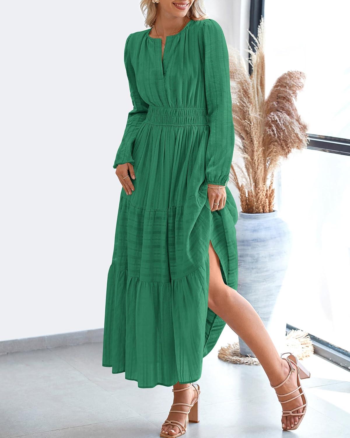 imageBTFBM Spring Dresses for Women 2026 Casual Long Sleeve V Neck Elastic Waist Lightweight Maxi Wedding Guest Dress PocketsDark Green