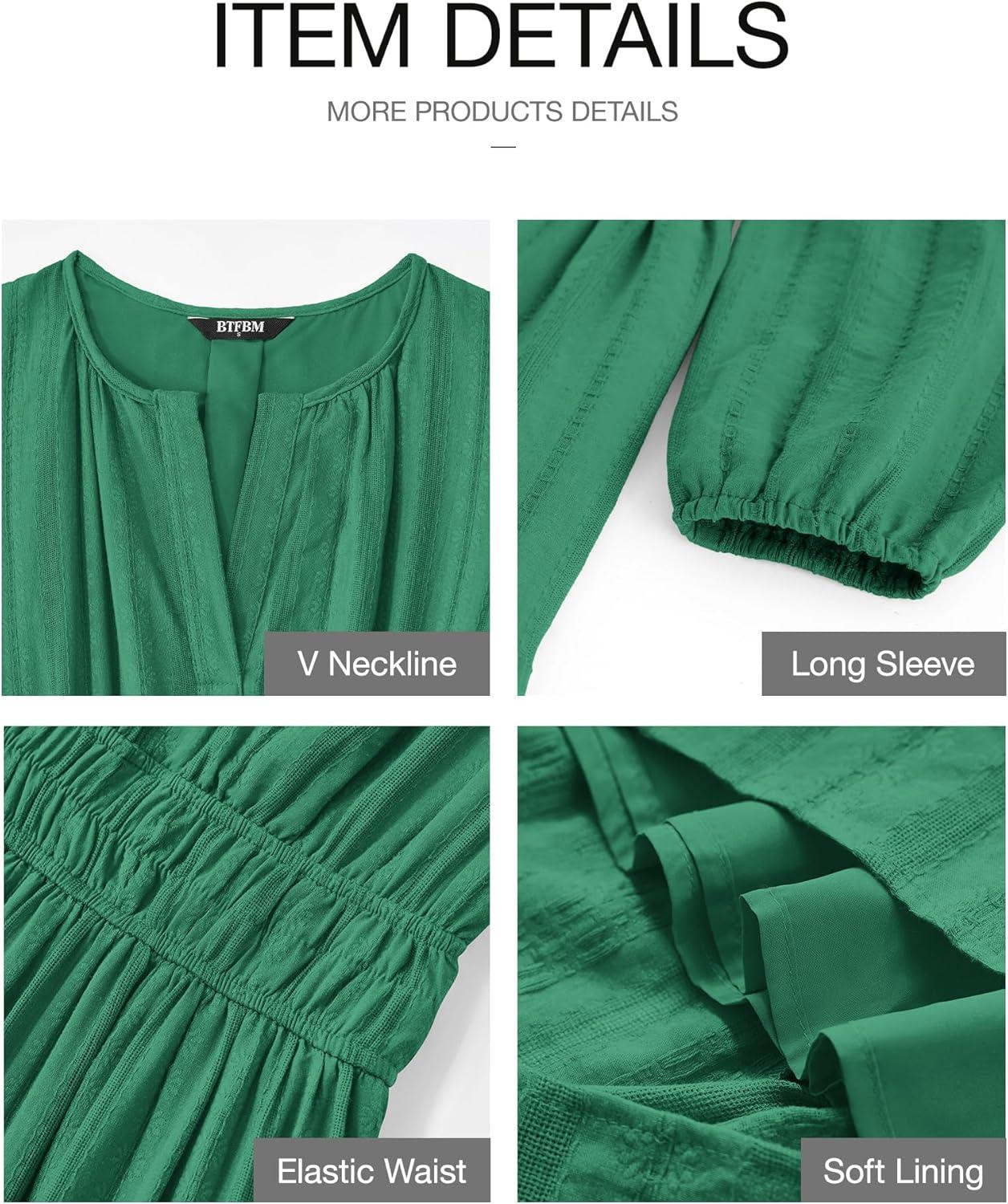 imageBTFBM Spring Dresses for Women 2026 Casual Long Sleeve V Neck Elastic Waist Lightweight Maxi Wedding Guest Dress PocketsDark Green