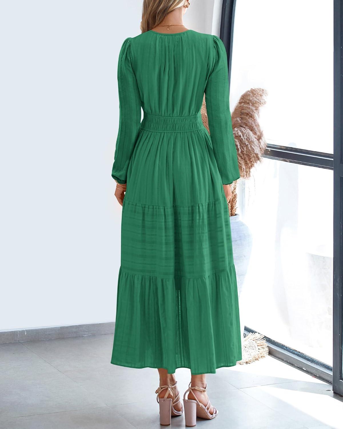 imageBTFBM Spring Dresses for Women 2026 Casual Long Sleeve V Neck Elastic Waist Lightweight Maxi Wedding Guest Dress PocketsDark Green