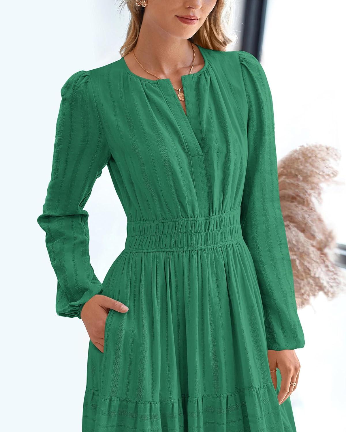 imageBTFBM Spring Dresses for Women 2026 Casual Long Sleeve V Neck Elastic Waist Lightweight Maxi Wedding Guest Dress PocketsDark Green