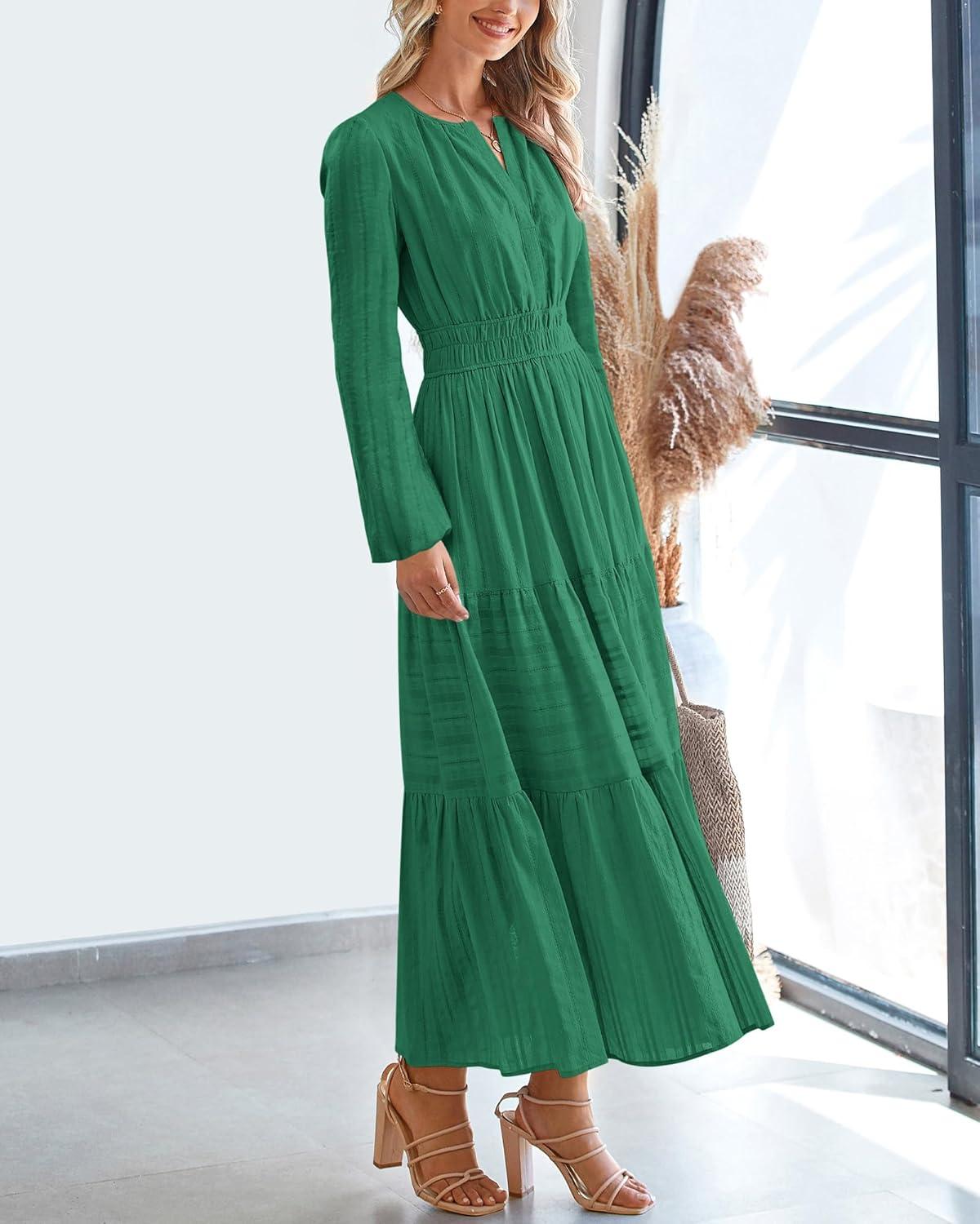 imageBTFBM Spring Dresses for Women 2026 Casual Long Sleeve V Neck Elastic Waist Lightweight Maxi Wedding Guest Dress PocketsDark Green