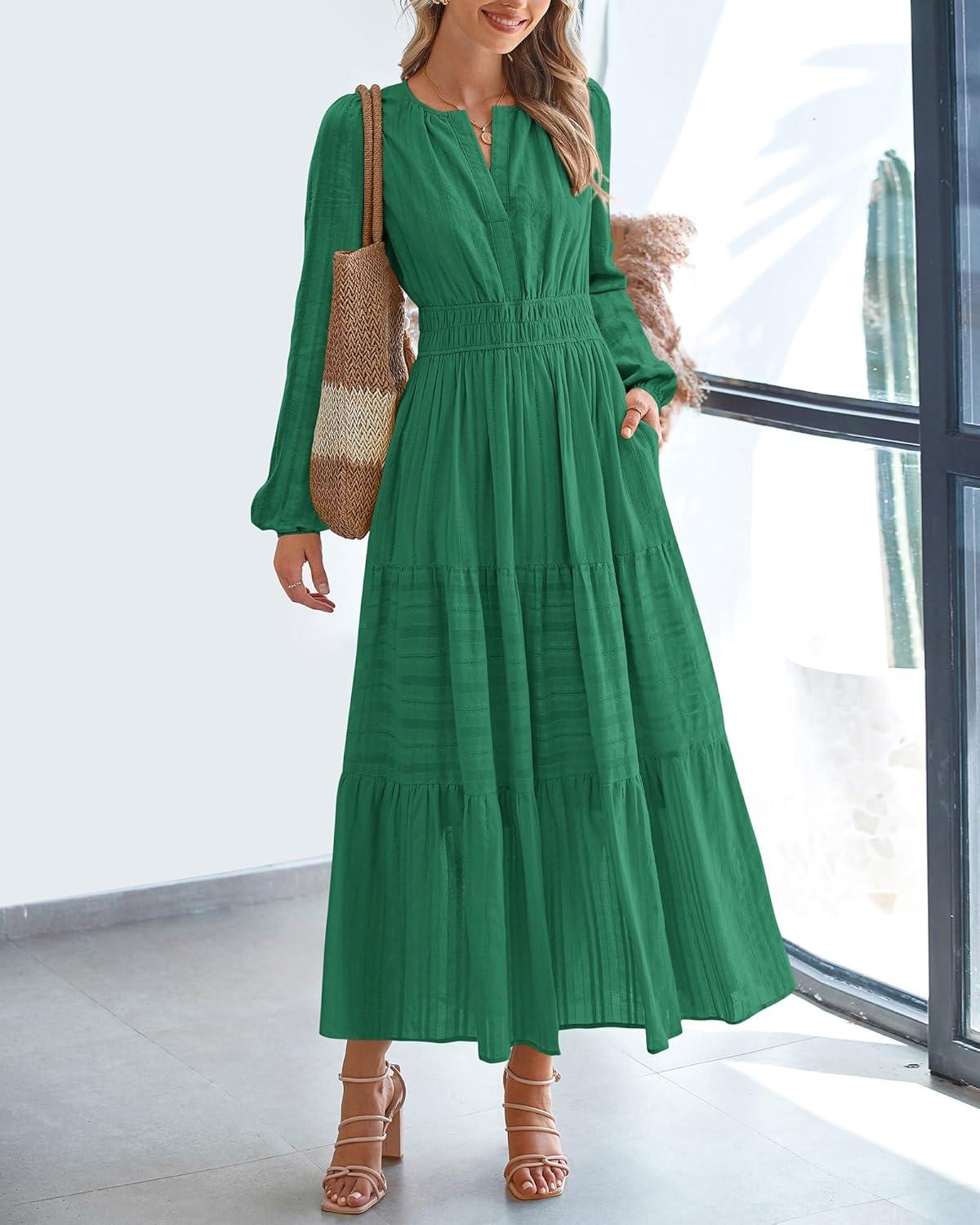 imageBTFBM Spring Dresses for Women 2026 Casual Long Sleeve V Neck Elastic Waist Lightweight Maxi Wedding Guest Dress PocketsDark Green