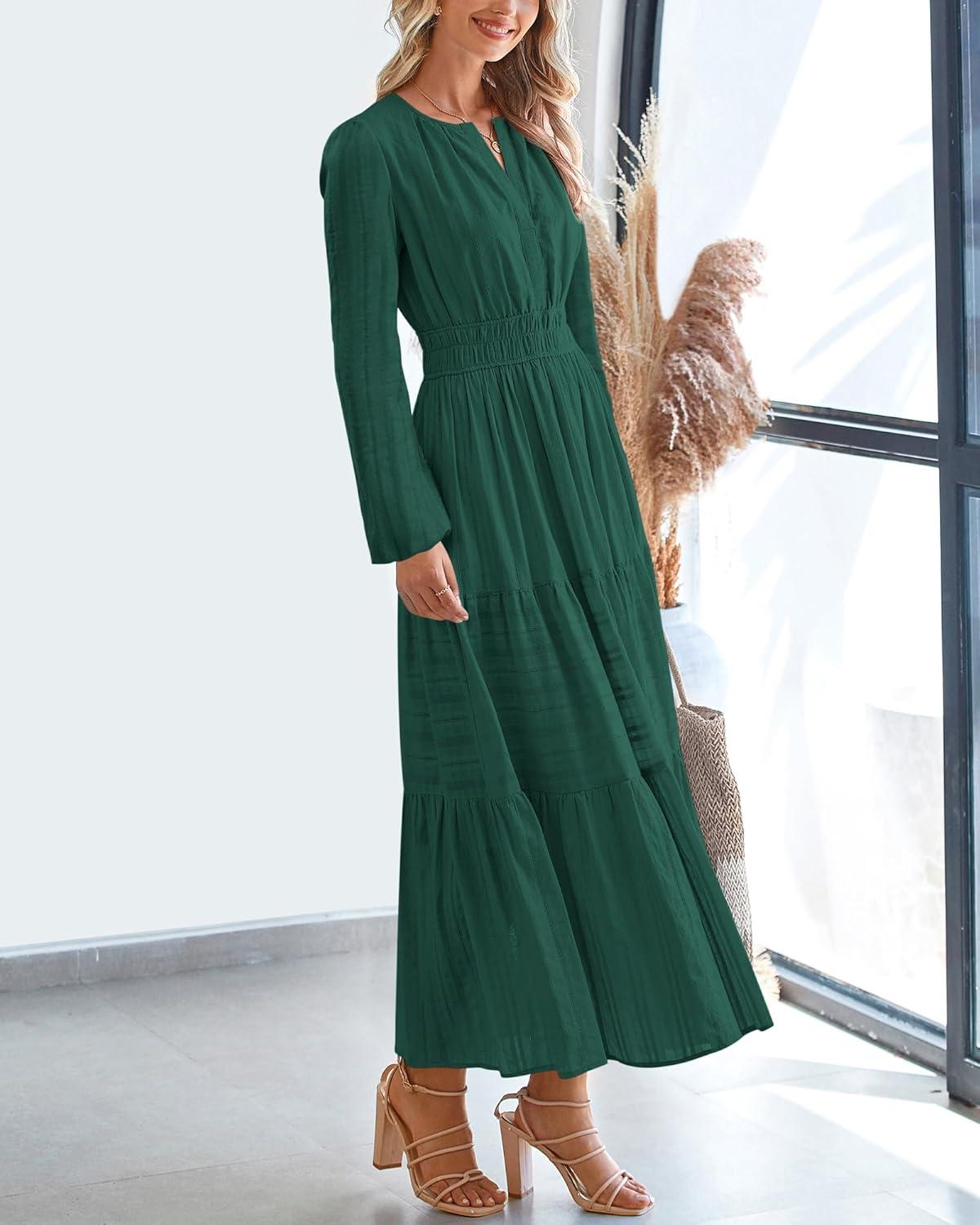 imageBTFBM Spring Dresses for Women 2026 Casual Long Sleeve V Neck Elastic Waist Lightweight Maxi Wedding Guest Dress PocketsHunter Green