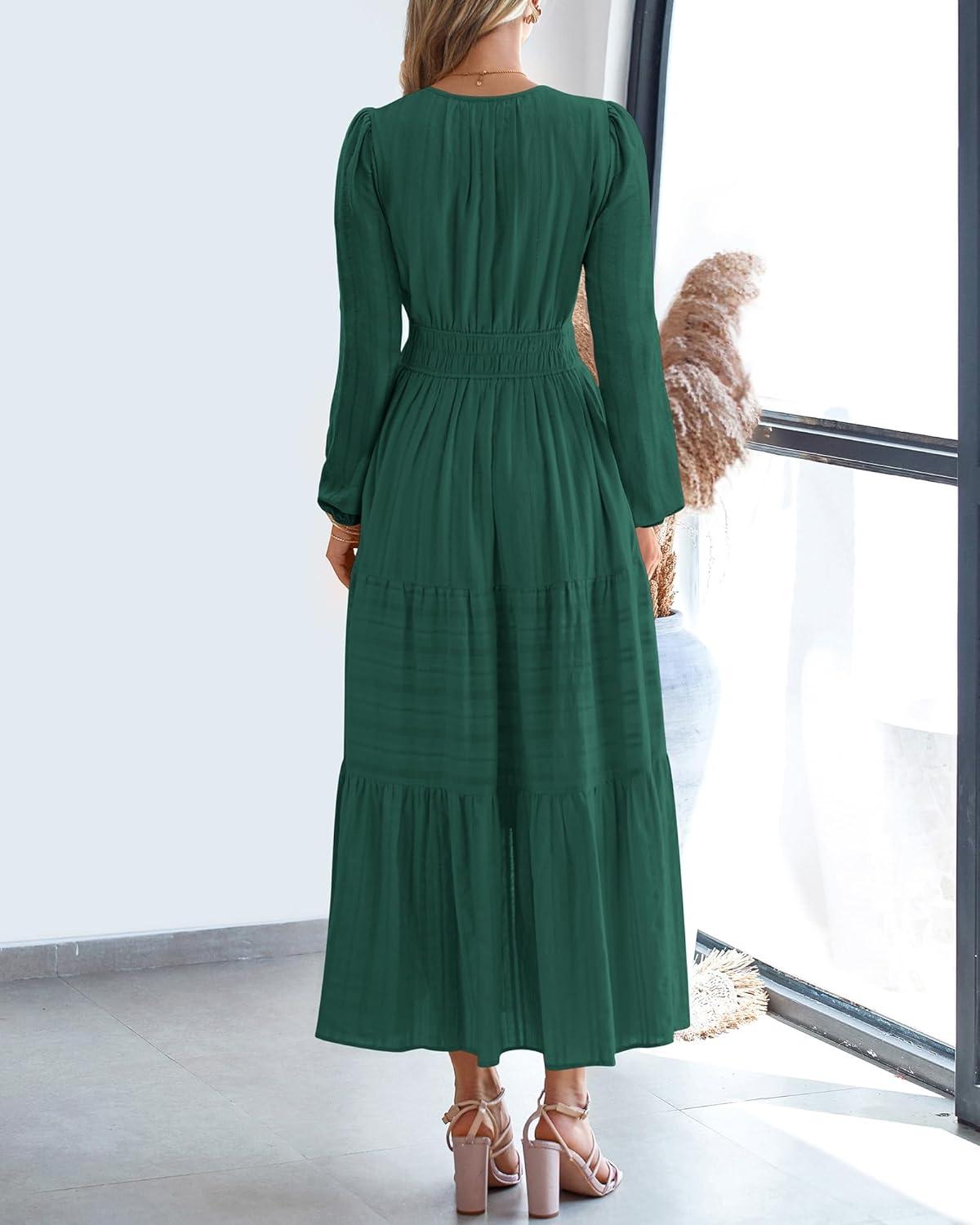imageBTFBM Spring Dresses for Women 2026 Casual Long Sleeve V Neck Elastic Waist Lightweight Maxi Wedding Guest Dress PocketsHunter Green