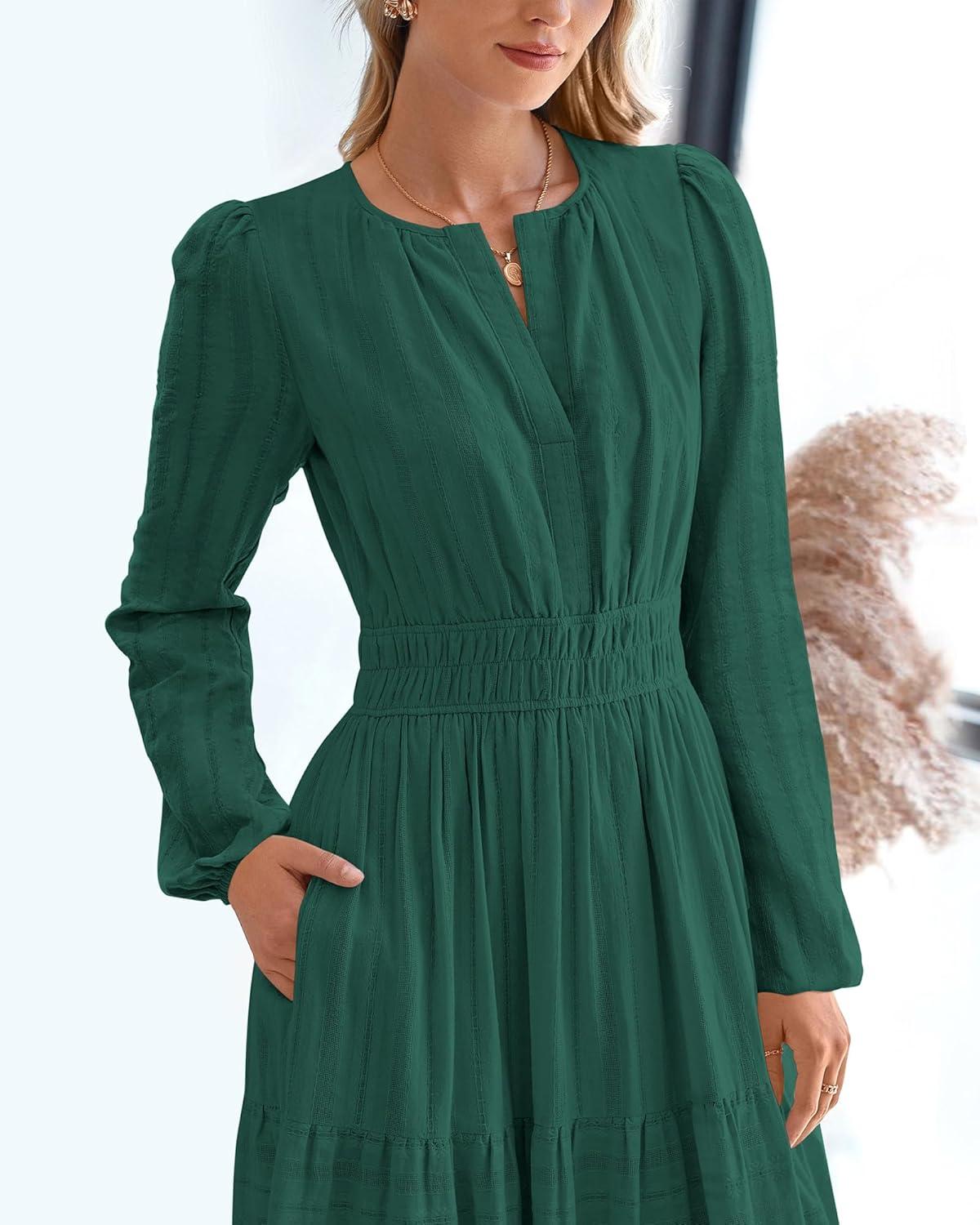 imageBTFBM Spring Dresses for Women 2026 Casual Long Sleeve V Neck Elastic Waist Lightweight Maxi Wedding Guest Dress PocketsHunter Green
