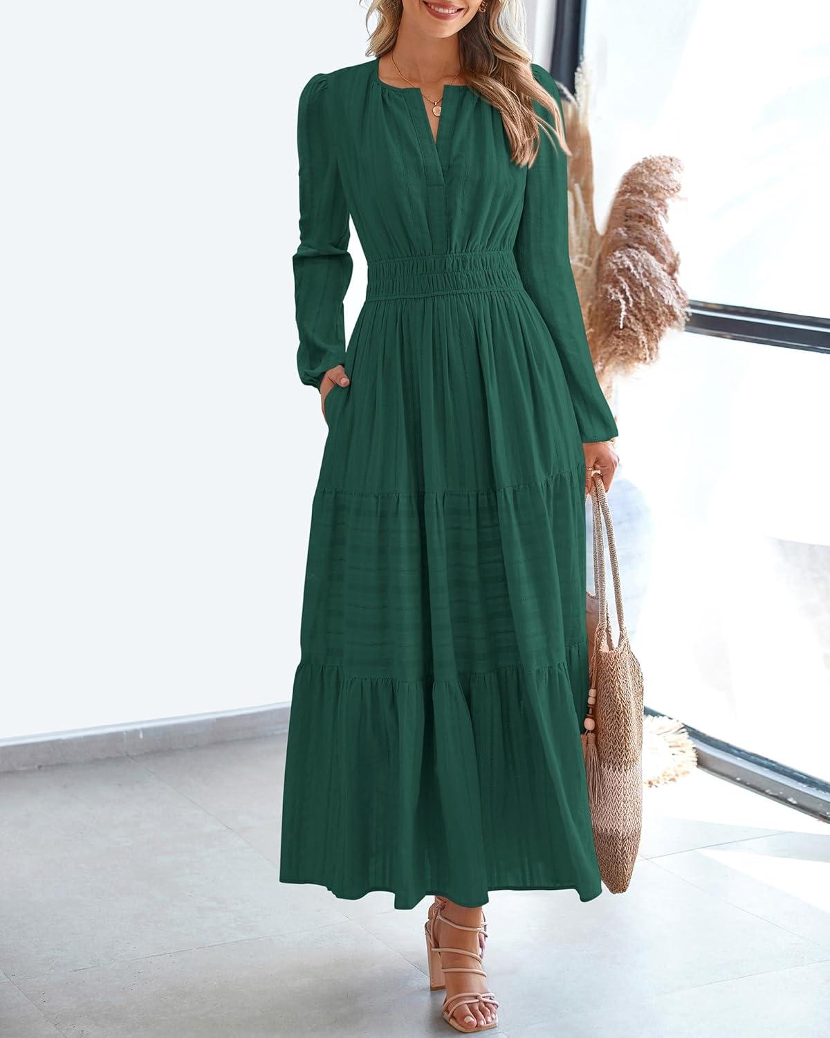 imageBTFBM Spring Dresses for Women 2026 Casual Long Sleeve V Neck Elastic Waist Lightweight Maxi Wedding Guest Dress PocketsHunter Green