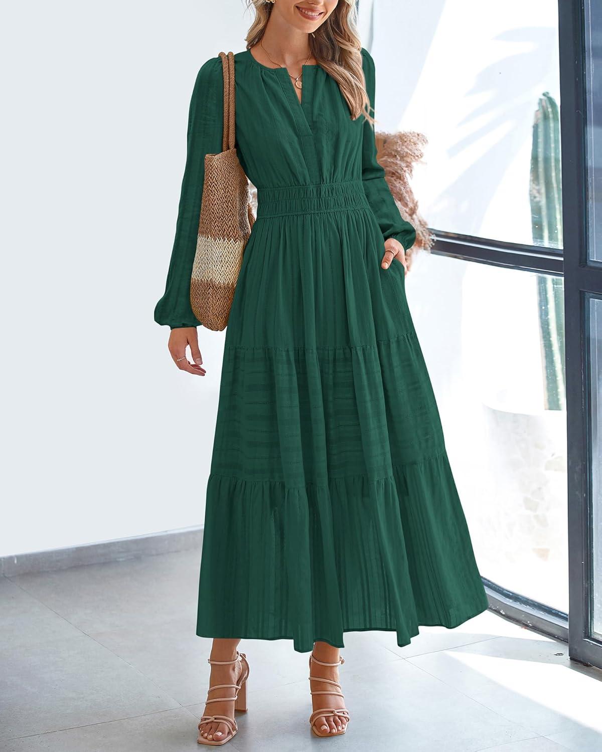 imageBTFBM Spring Dresses for Women 2026 Casual Long Sleeve V Neck Elastic Waist Lightweight Maxi Wedding Guest Dress PocketsHunter Green