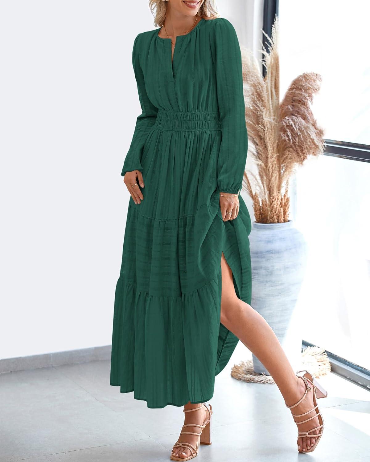 imageBTFBM Spring Dresses for Women 2026 Casual Long Sleeve V Neck Elastic Waist Lightweight Maxi Wedding Guest Dress PocketsHunter Green