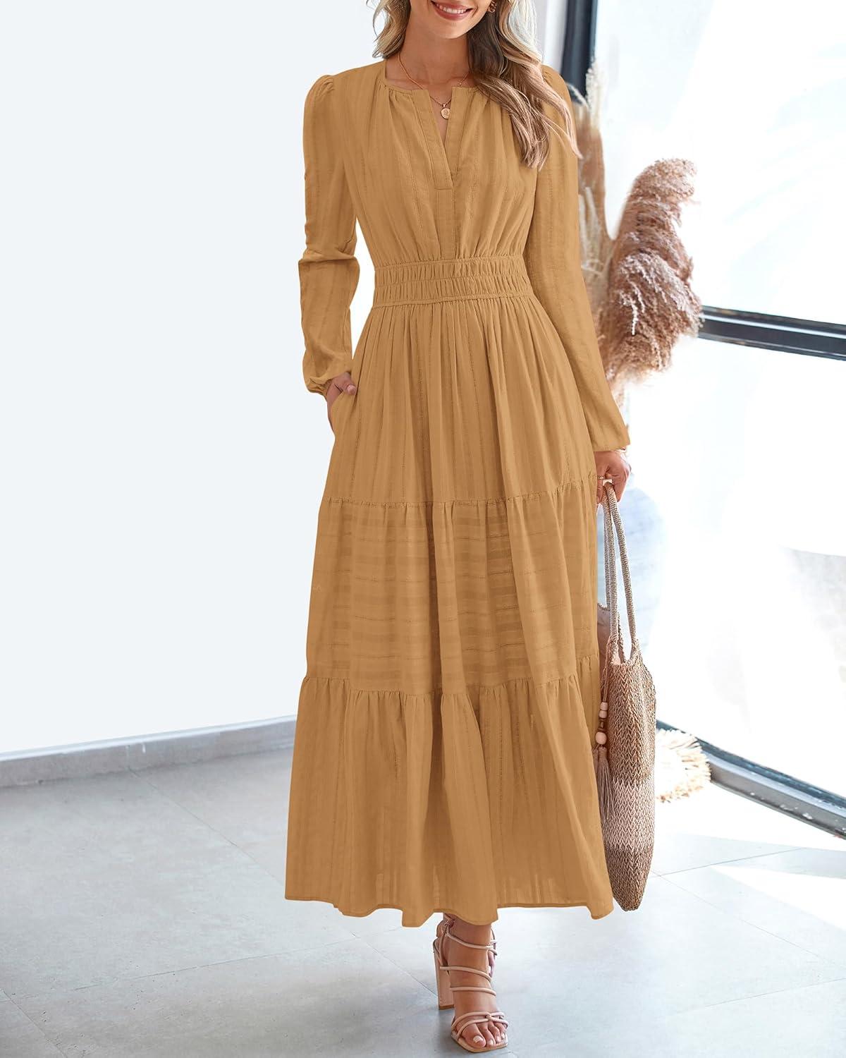 imageBTFBM Spring Dresses for Women 2026 Casual Long Sleeve V Neck Elastic Waist Lightweight Maxi Wedding Guest Dress PocketsKhaki