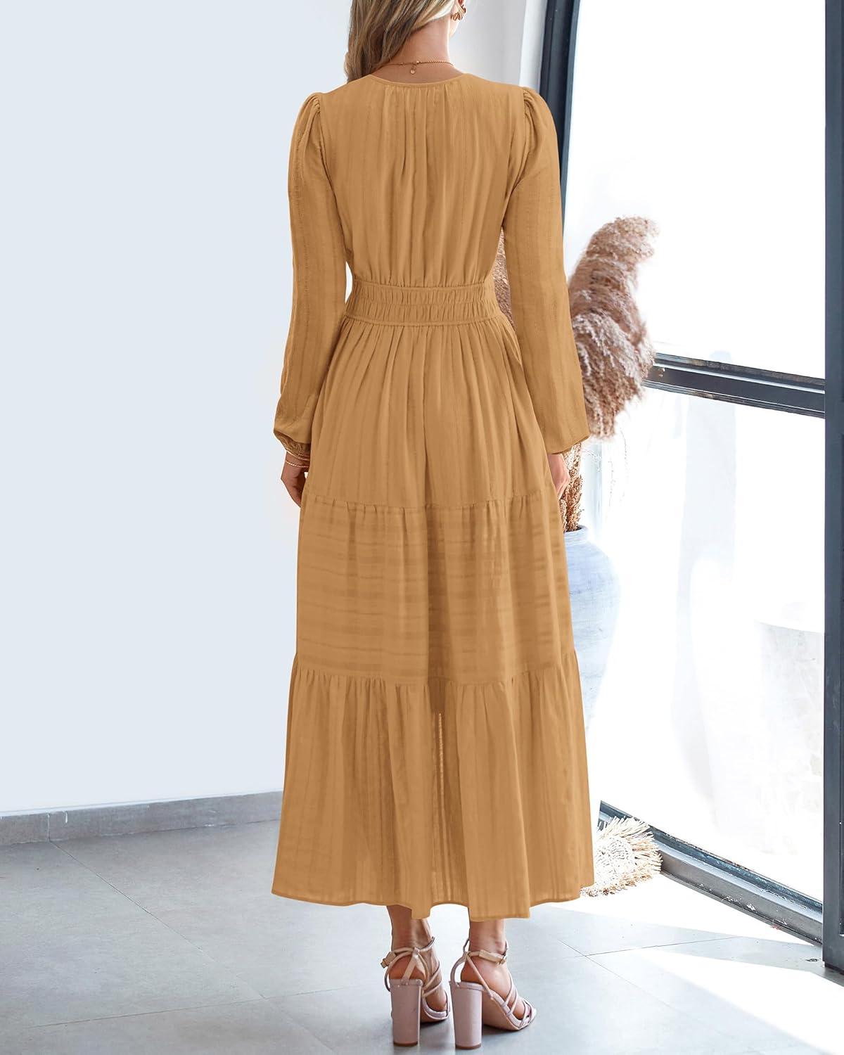 imageBTFBM Spring Dresses for Women 2026 Casual Long Sleeve V Neck Elastic Waist Lightweight Maxi Wedding Guest Dress PocketsKhaki